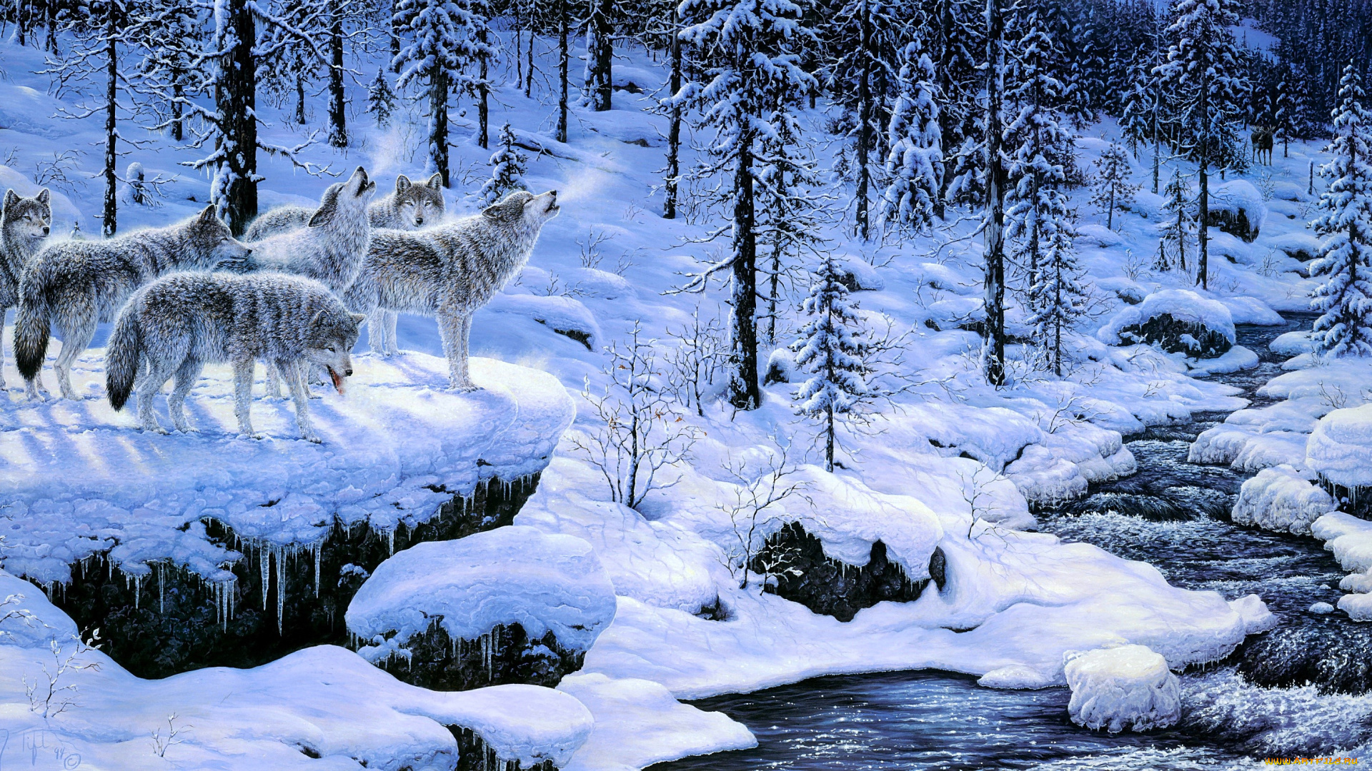 рисованное, животные, , волки, волки, стая, вой, лес, деревья, снег, зима, ручей