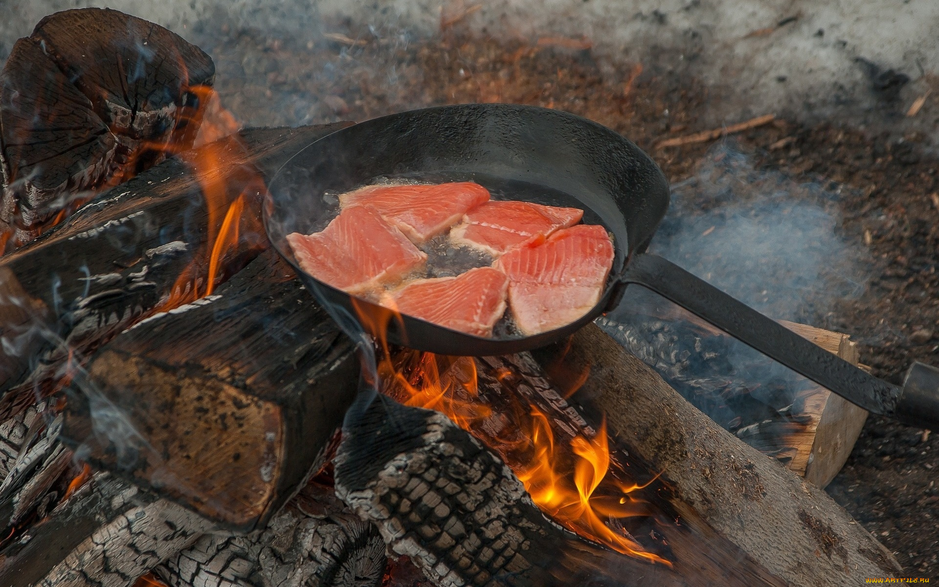 еда, рыба, , морепродукты, , суши, , роллы, костер, огонь, сковорода, лосось