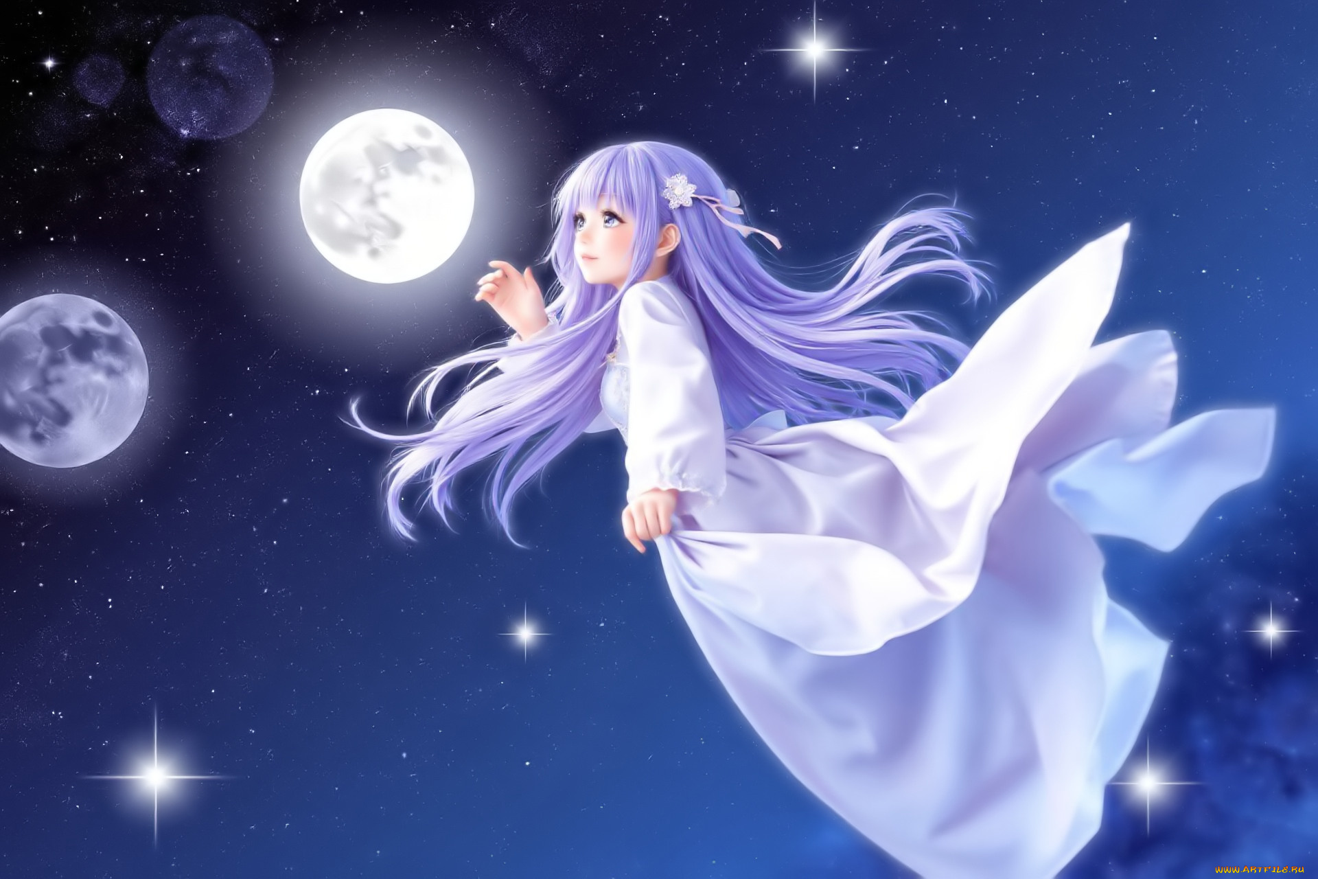аниме, unknown, , другое, , девочка, платье, небо, звезды, луны