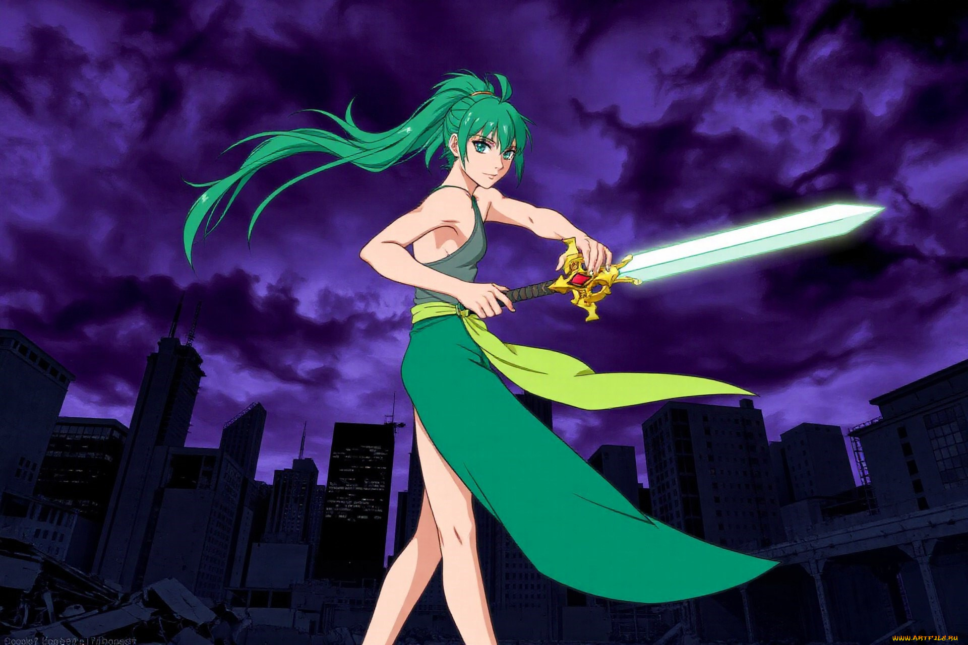 аниме, unknown, , другое, , девушка, меч, тучи, город, дома