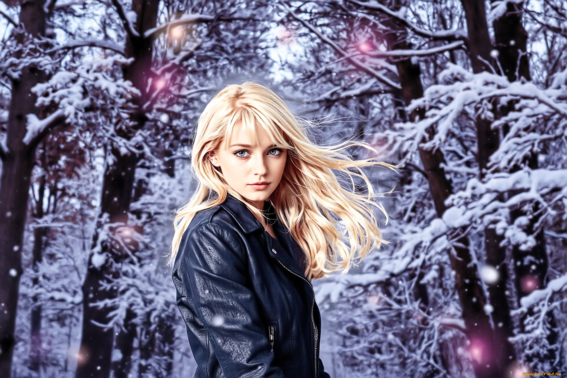 разное, компьютерный, дизайн, девушка, блондинка, куртка, зима, снег, лес, деревья