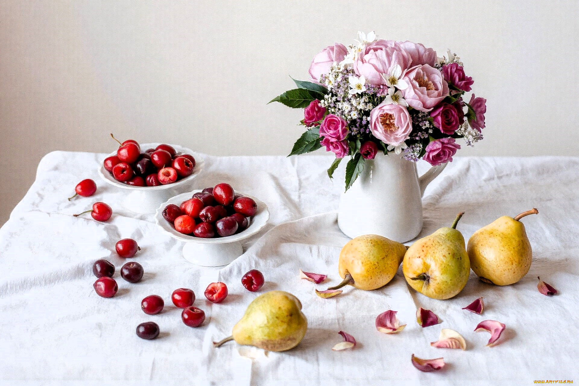 рисованное, еда, скатерть, черешни, цветы, букет, груши, лепестки