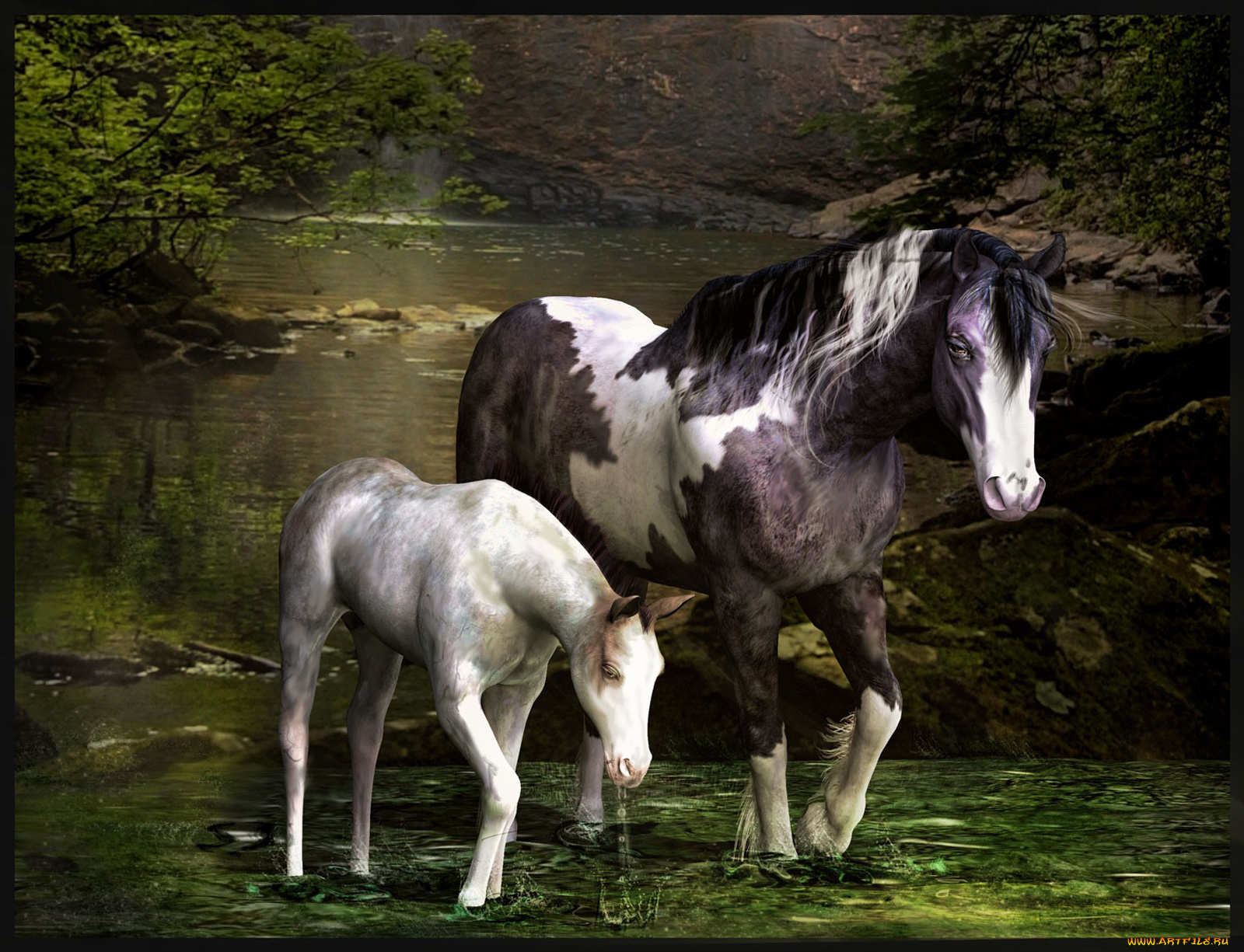 3д, графика, animals, животные, лошади, река