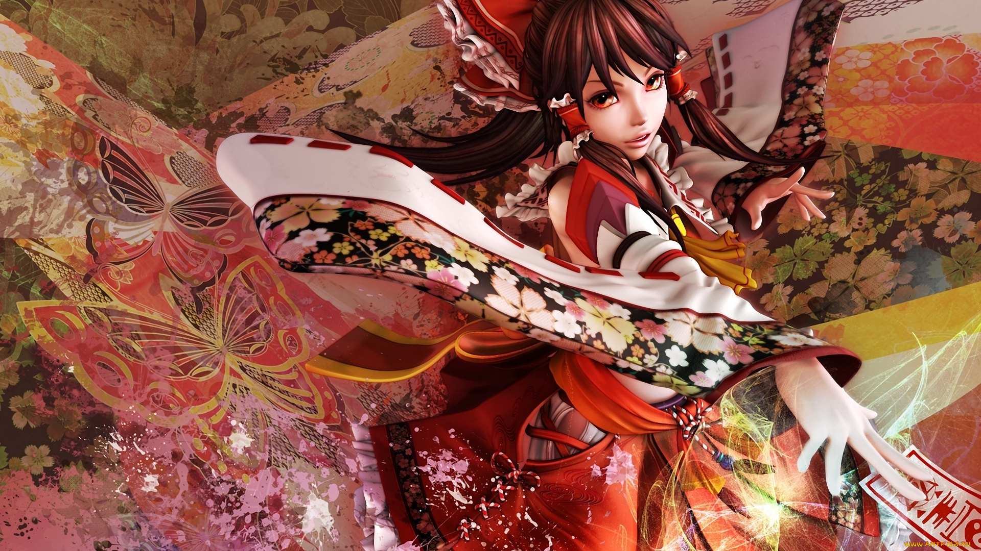 3д, графика, anime, аниме, иероглифы, карточка, кимоно, девушка, бант, touhou