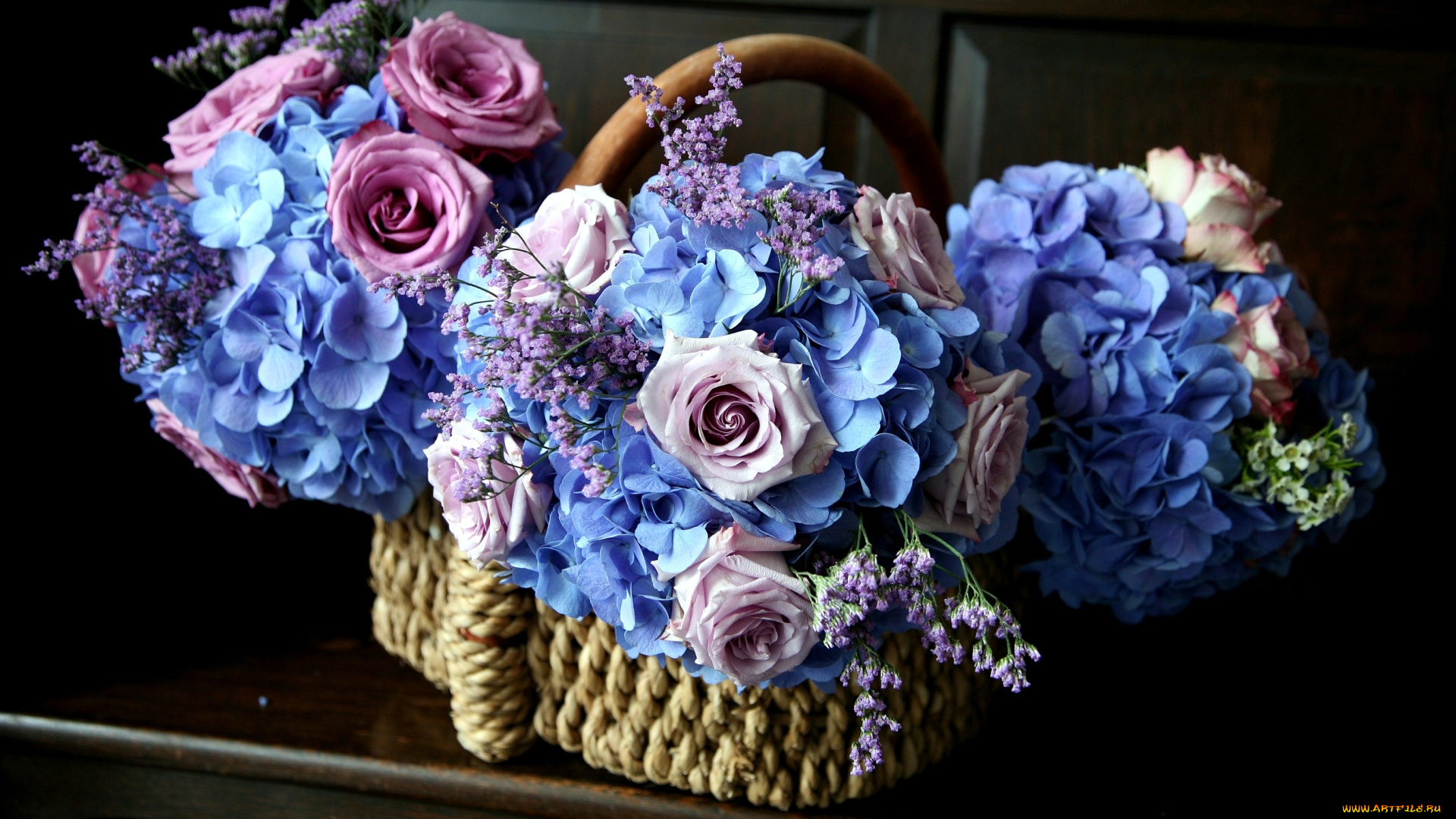 цветы, букеты, композиции, розы, гортензия, корзинка