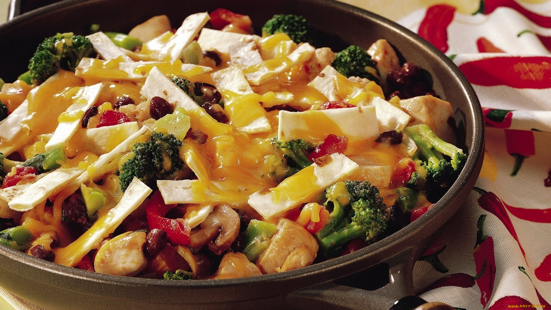 еда, вторые, блюда, перец, грибы, сковорода, брокколи