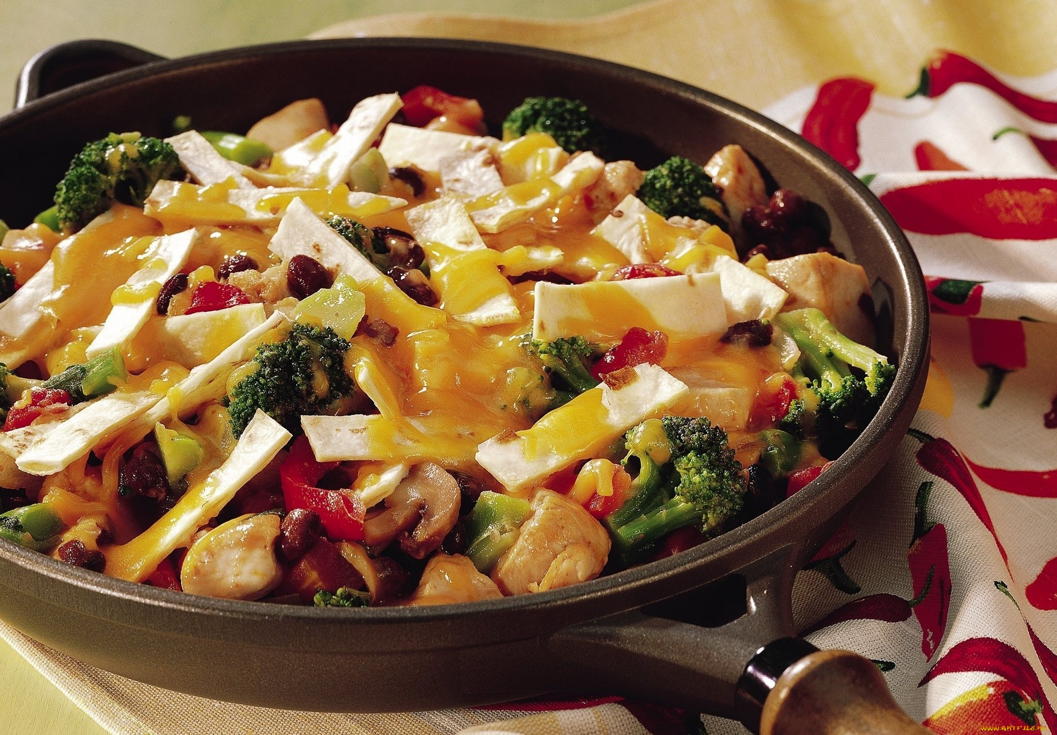 еда, вторые, блюда, перец, грибы, сковорода, брокколи