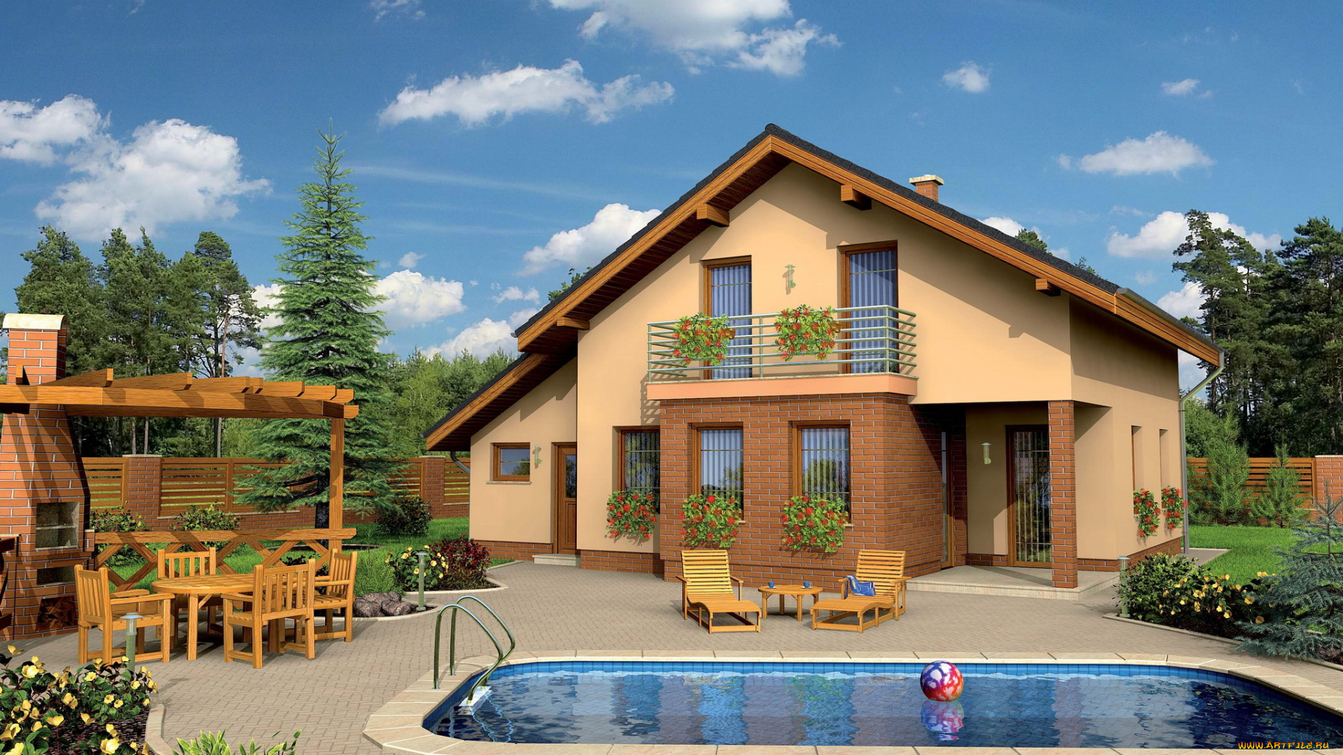 города, здания, дома, дом, цветы, бассейн