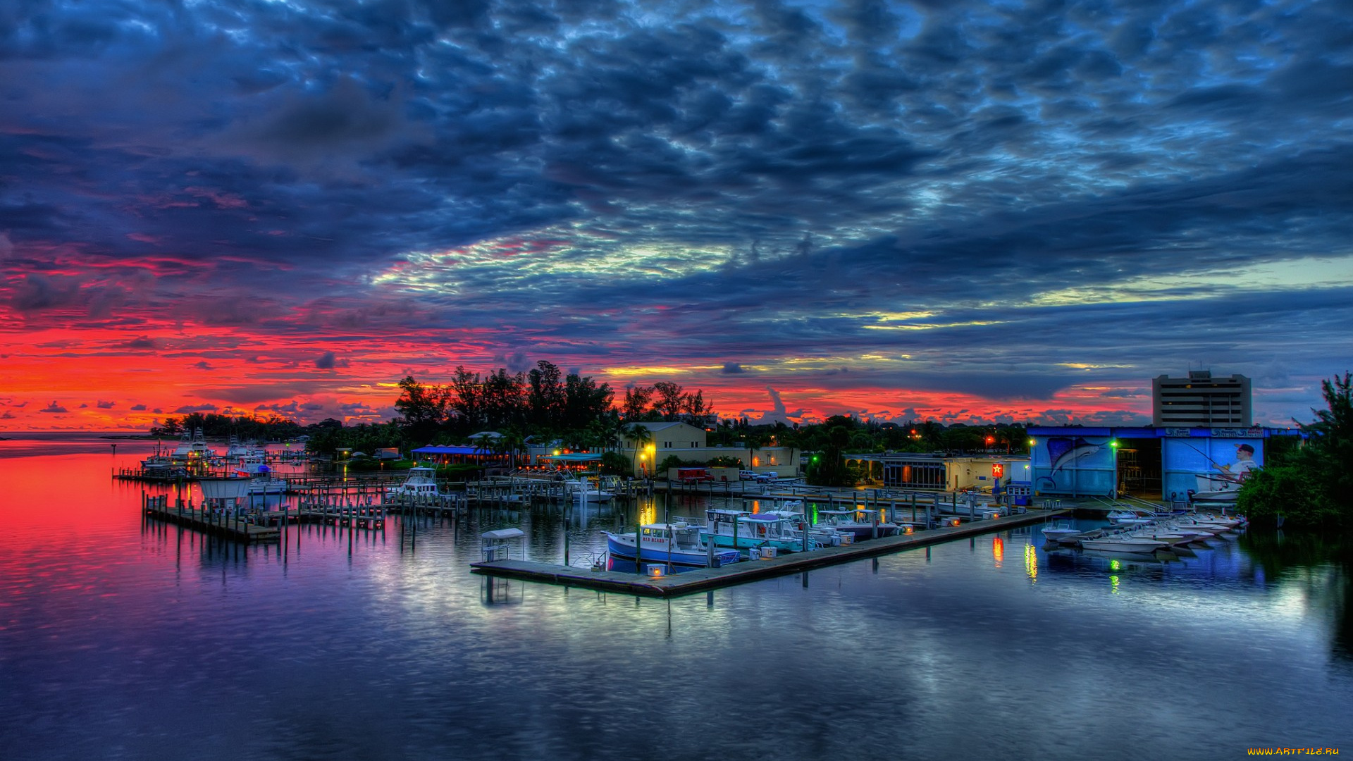 корабли, порты, причалы, заря, ночь, яхты, причал