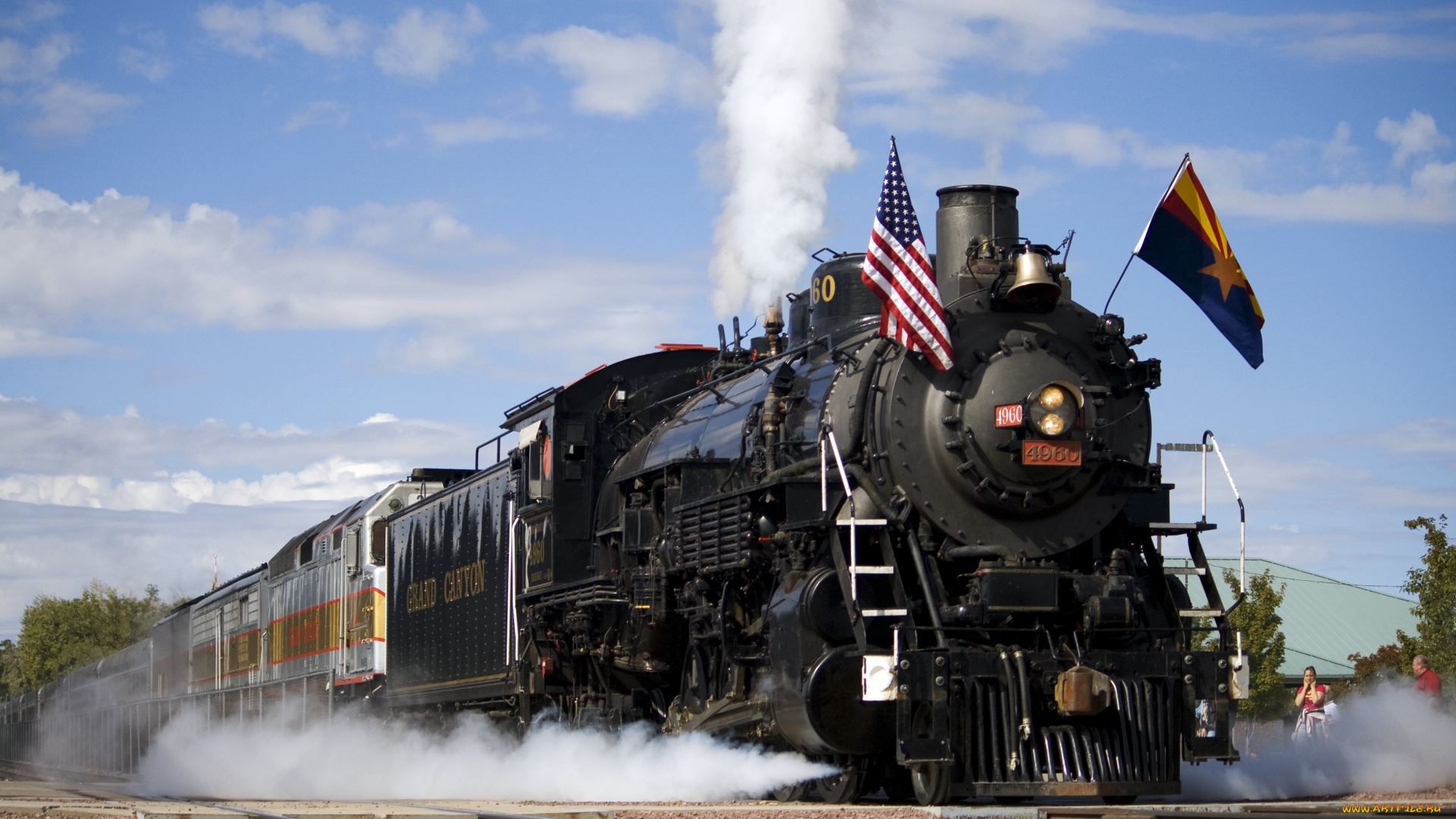 техника, паровозы, флаги, вагоны, паровоз