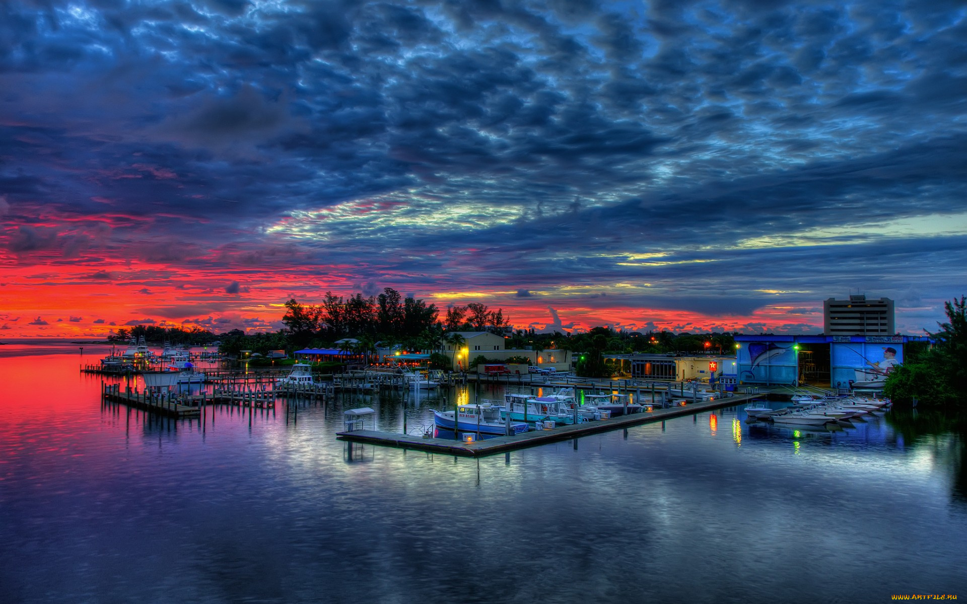 корабли, порты, причалы, заря, ночь, яхты, причал