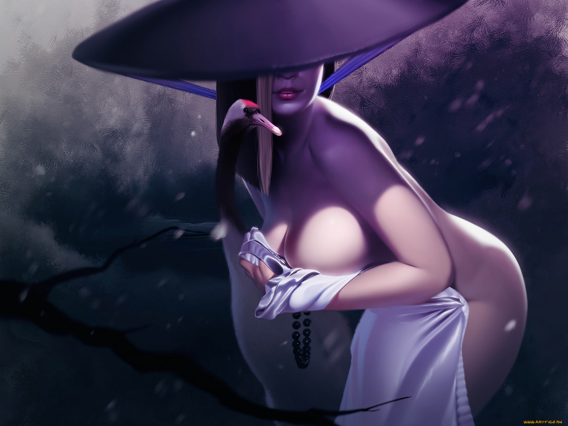 фэнтези, девушки, шляпа, птица