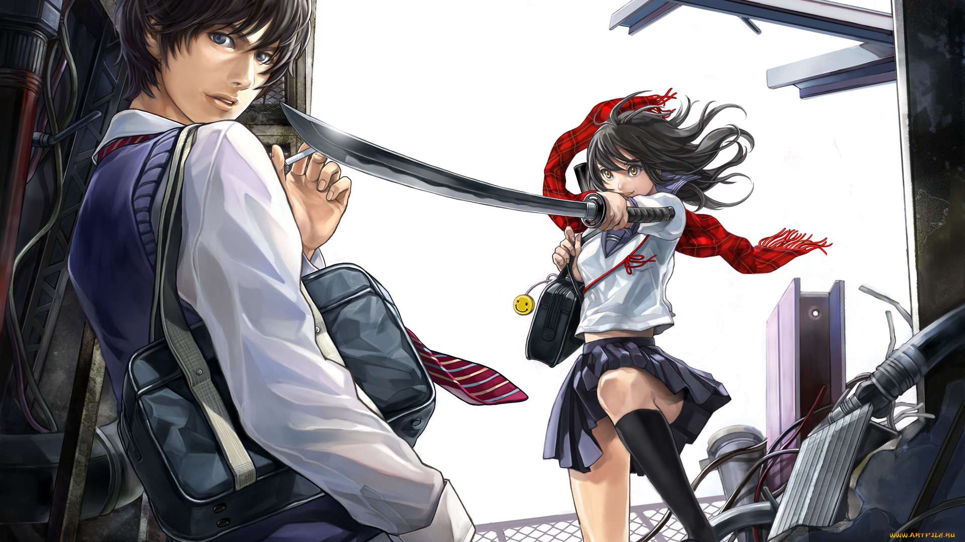 аниме, -weapon, , blood, &, technology, девушка, оружие, катана, арт, шарф, necco, руины, парень, сигарета, смайлик, школьники, меч, проем