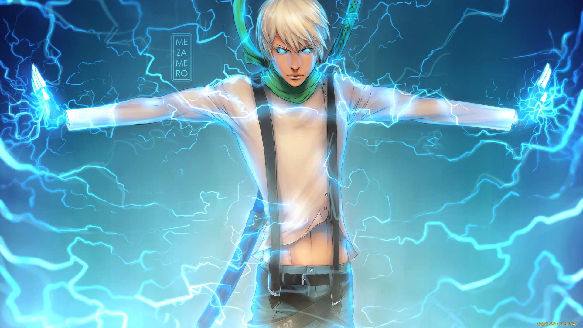 аниме, -weapon, , blood, &, technology, руки, голубой, фон, молнии, парень