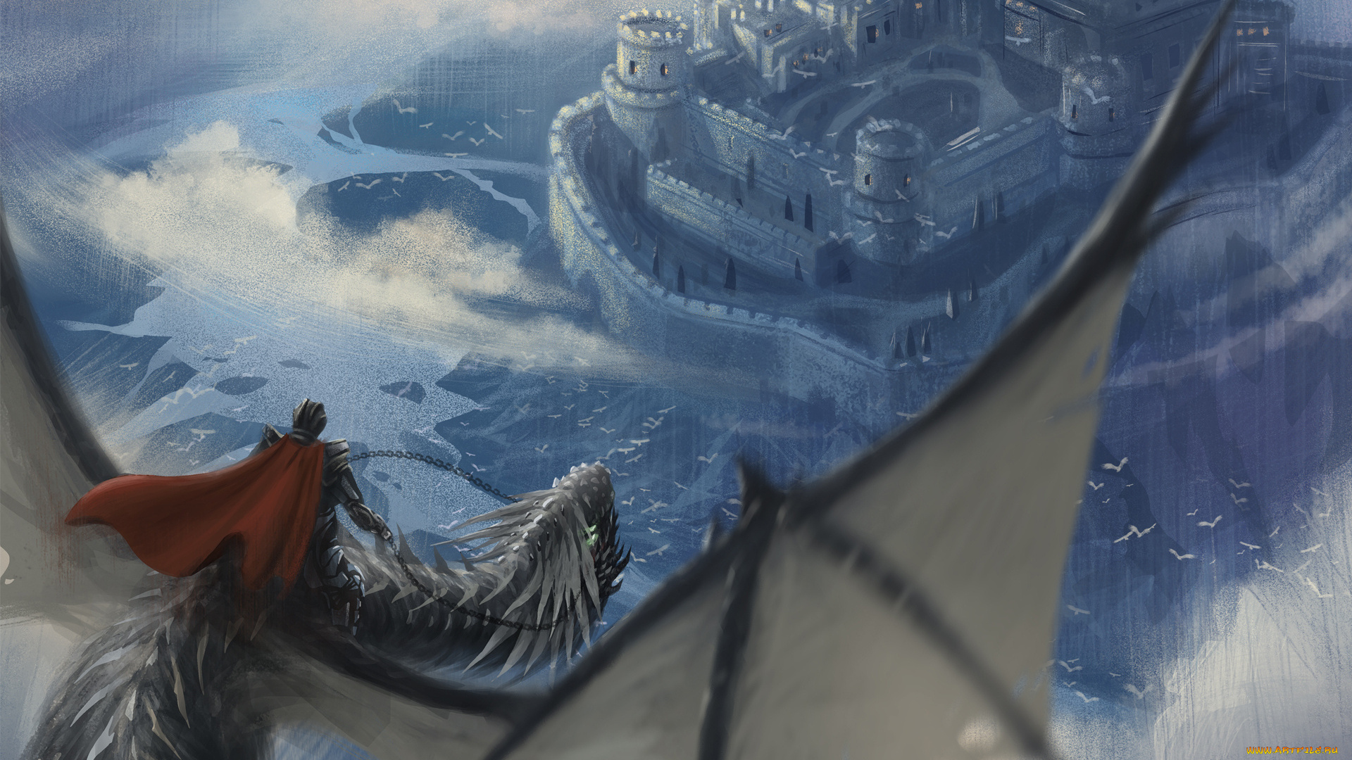 фэнтези, драконы, арт, дракон, в, небе, всадник, полет