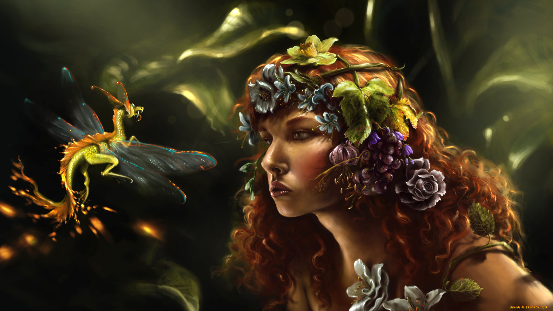 gianna, ragagnin, фэнтези, красавицы, и, чудовища, дракончик, флора, девушка, цветы