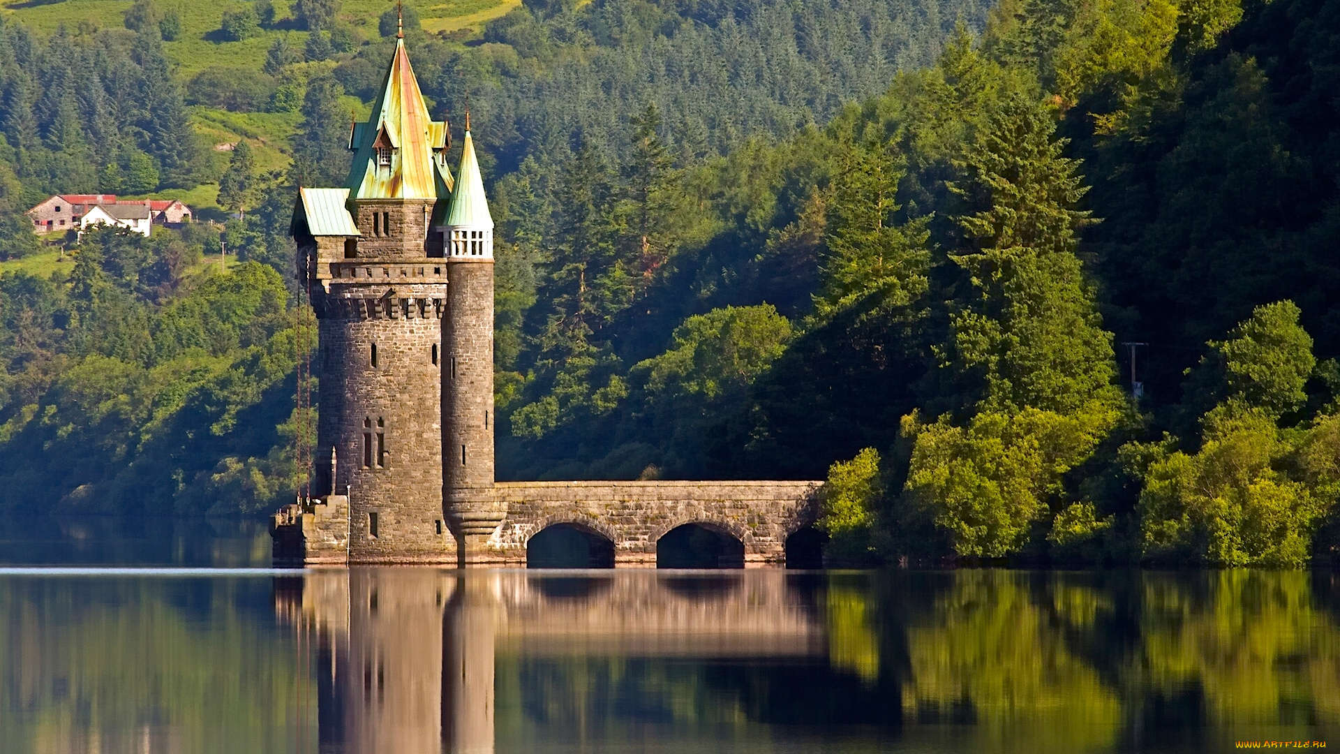 lake, vyrnwy, tower, , , wales, , england, города, -, дворцы, , замки, , крепости, lake, vyrnwy, tower, уэльс, england, wales, отражение, озеро, вирнви, башня, англия, водная, гладь, лес