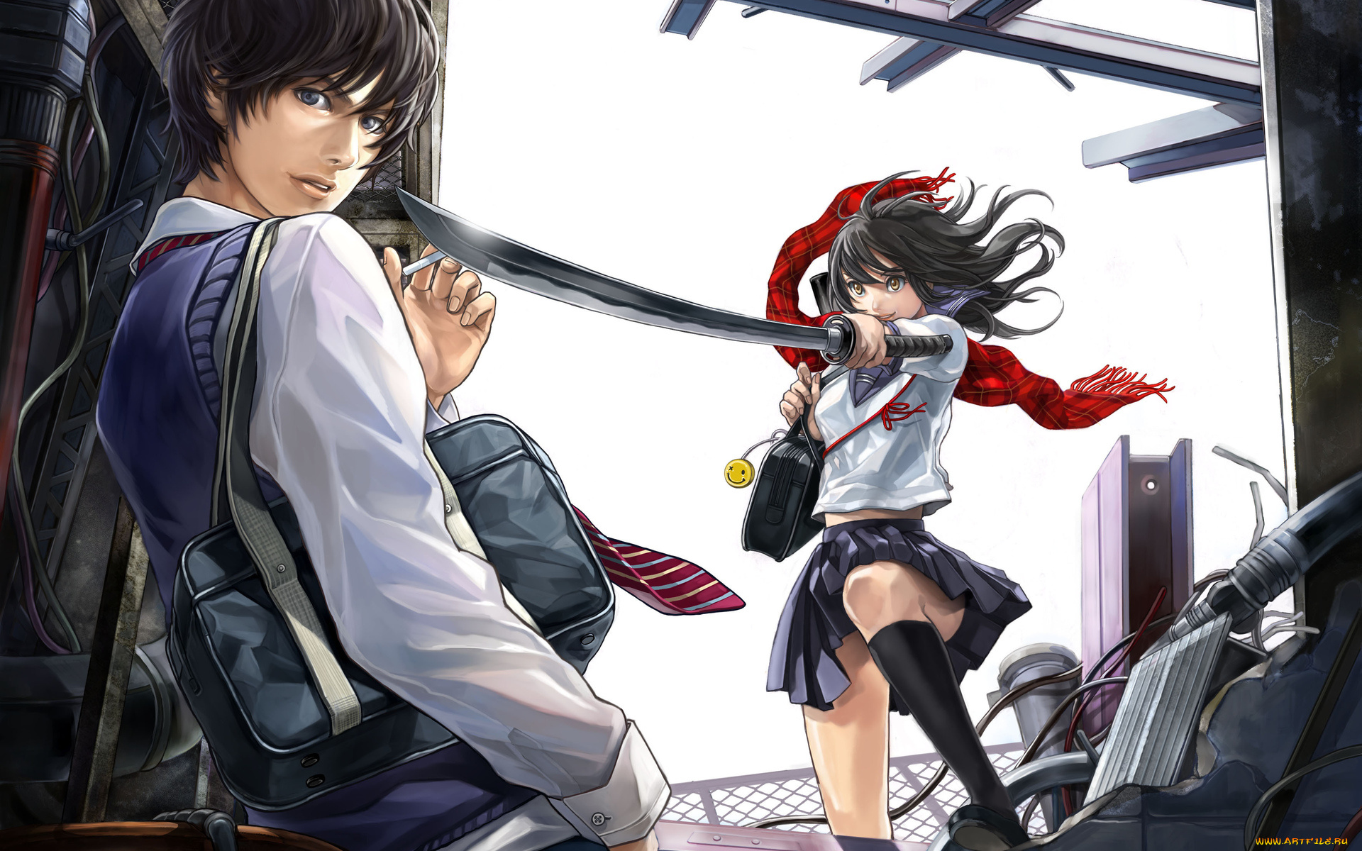 аниме, -weapon, , blood, &, technology, девушка, оружие, катана, арт, шарф, necco, руины, парень, сигарета, смайлик, школьники, меч, проем