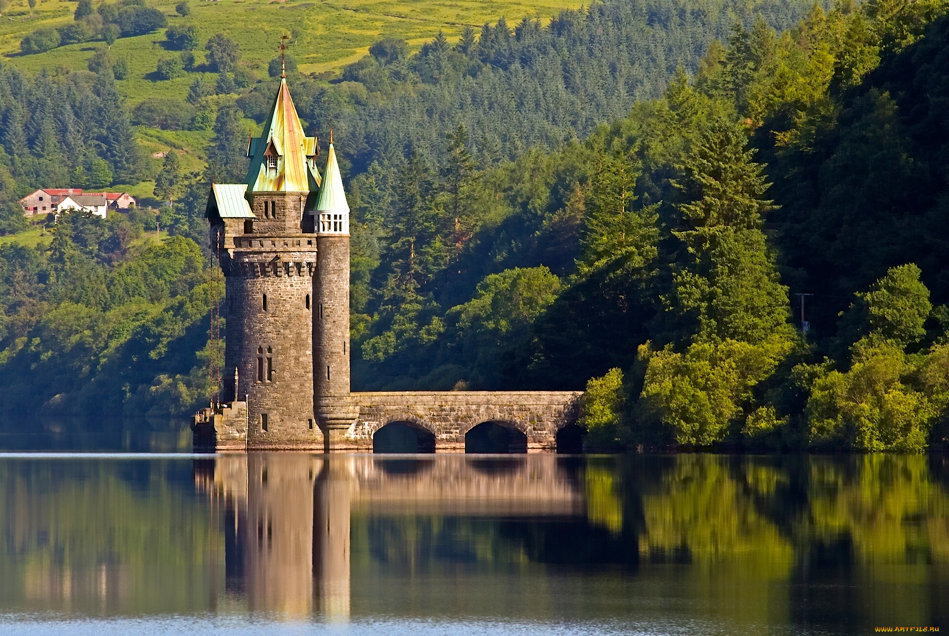 lake, vyrnwy, tower, , , wales, , england, города, -, дворцы, , замки, , крепости, lake, vyrnwy, tower, уэльс, england, wales, отражение, озеро, вирнви, башня, англия, водная, гладь, лес