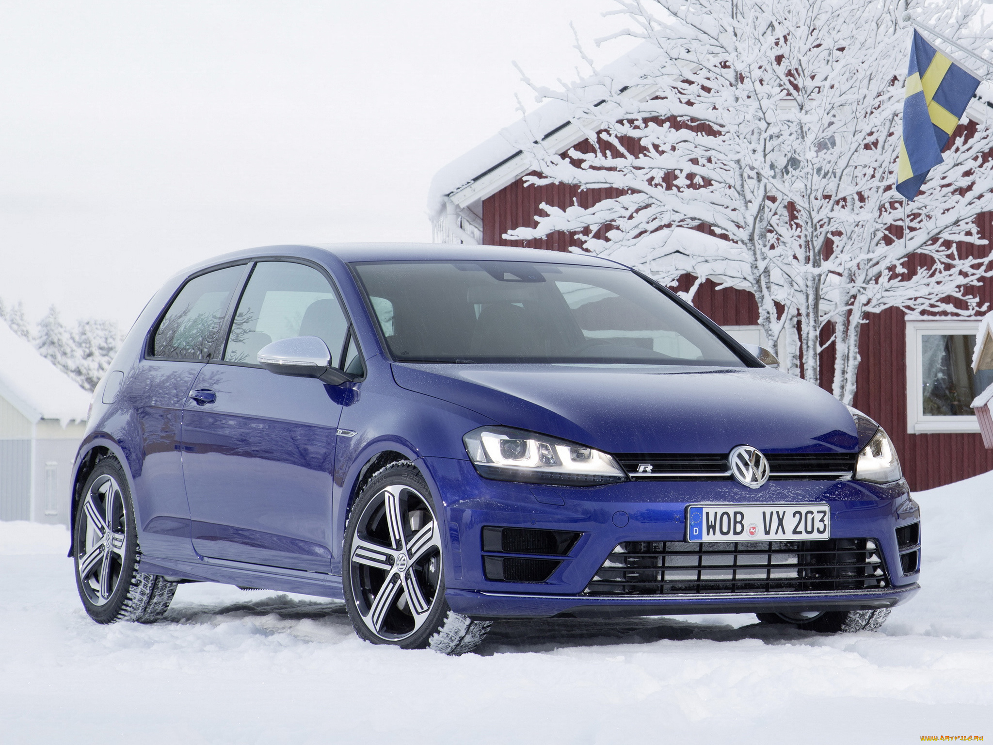 автомобили, volkswagen, снег, golf, r, 3-door, typ, 5g, 2013, синий