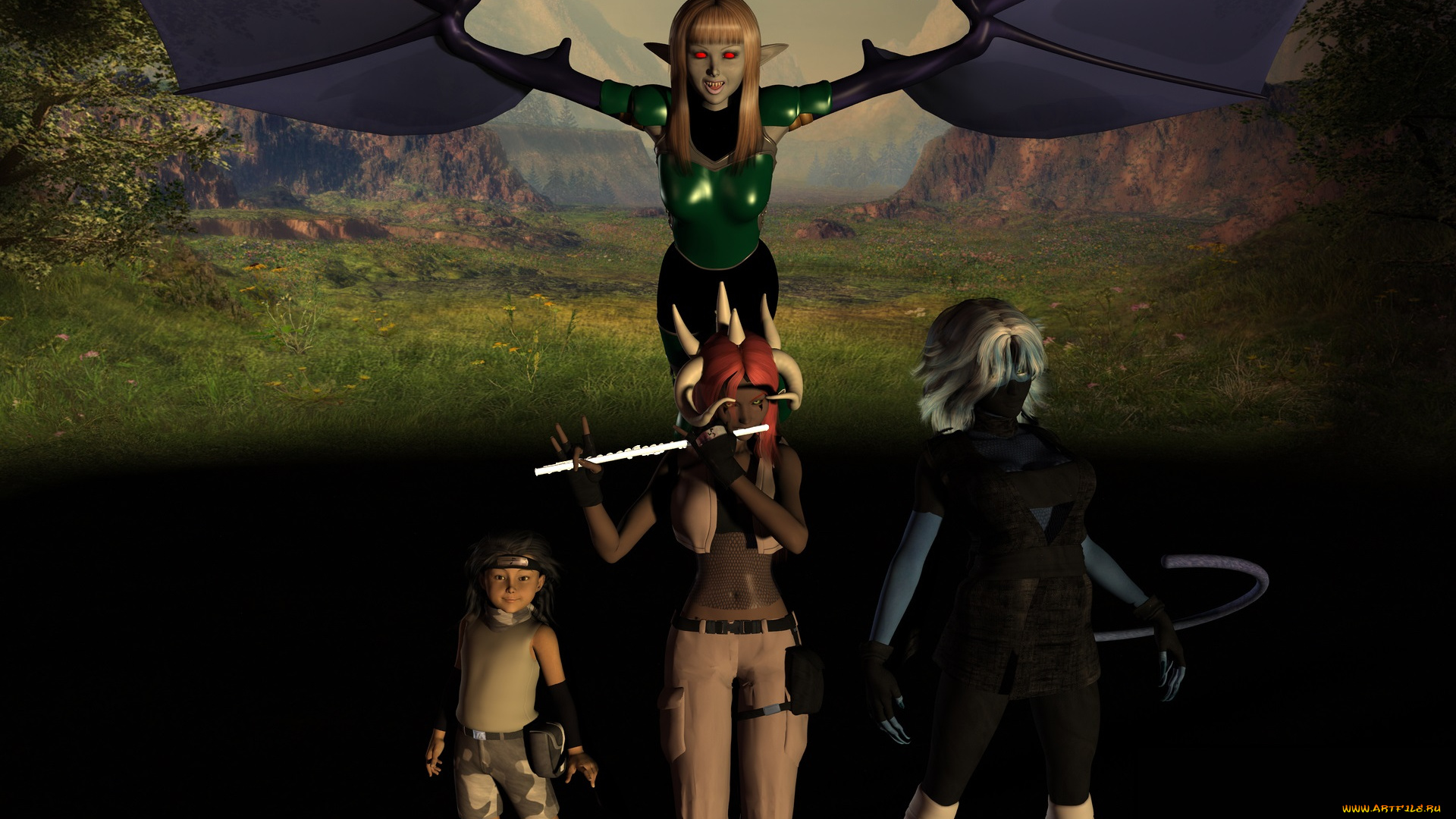 3д, графика, эльфы, , elves, эльфийки, демон, горы, фон, взгляд