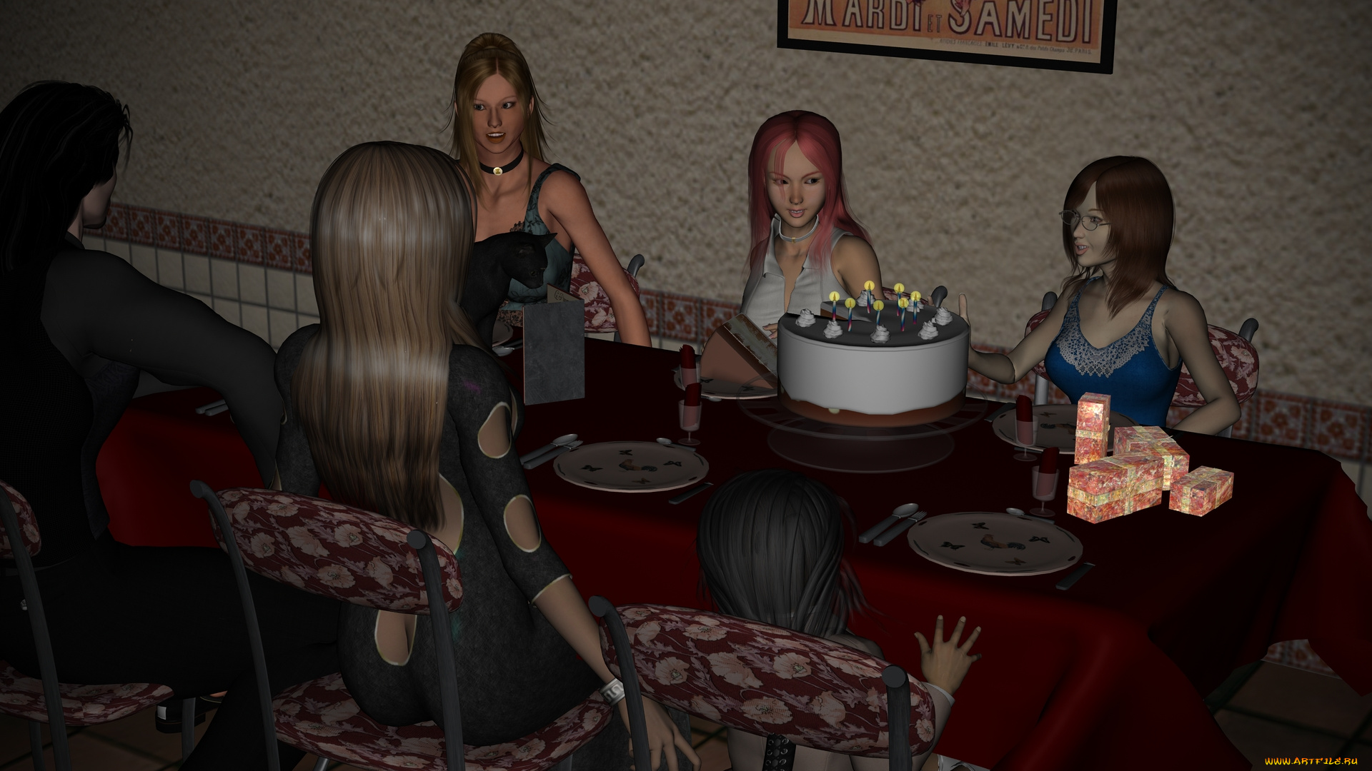 3д, графика, люди, , people, семья, торт, стол