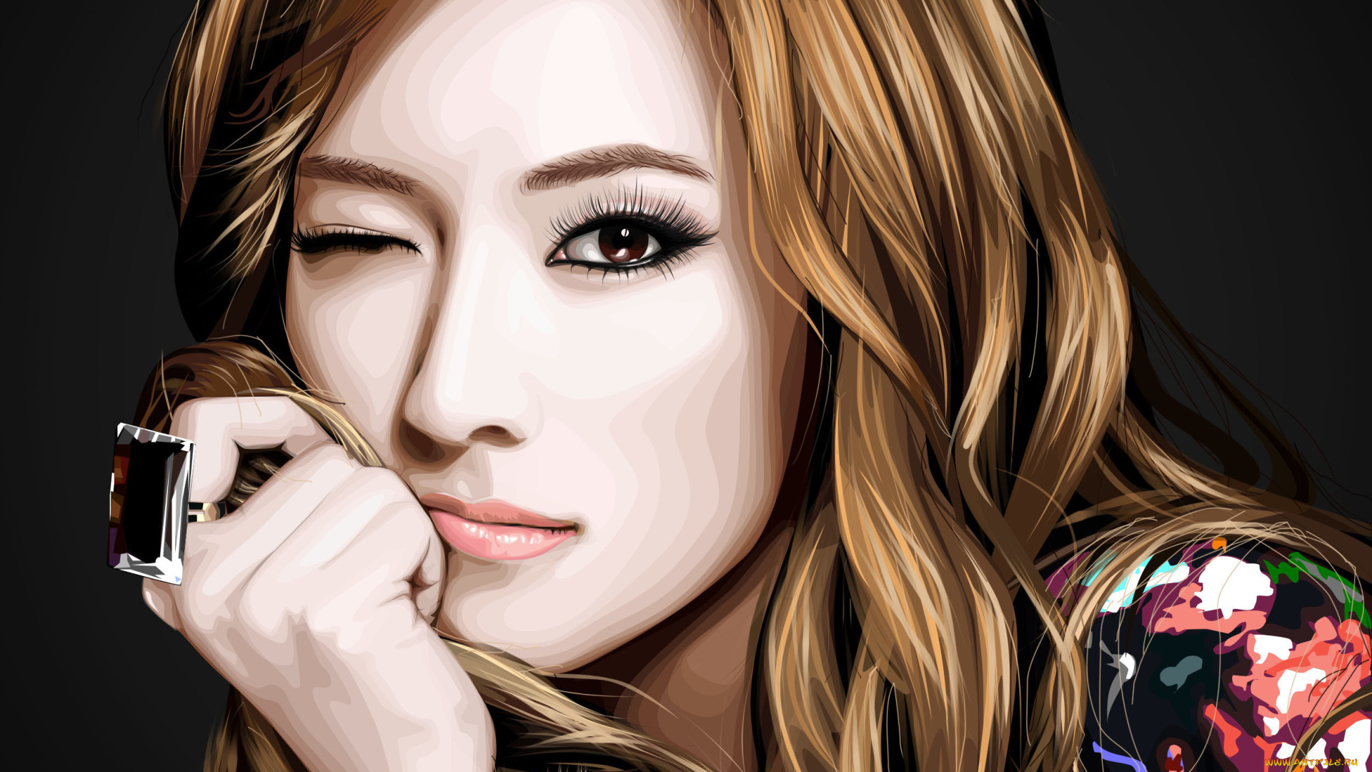 рисованное, люди, кольцо, рука, подмигивание, лицо, волосы