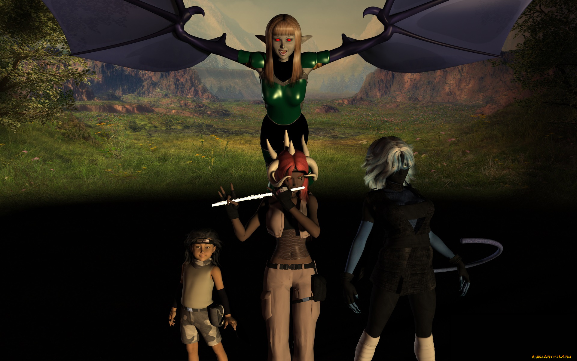 3д, графика, эльфы, , elves, эльфийки, демон, горы, фон, взгляд