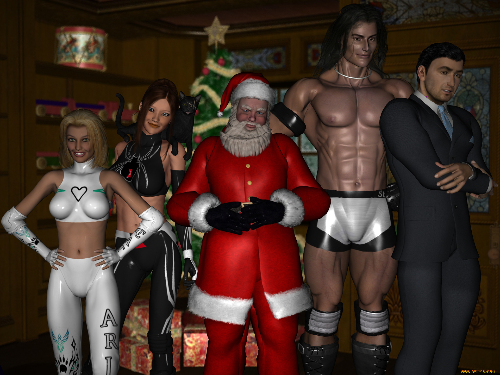 3д, графика, праздники, , holidays, взгляд, девушки, санта, клаус, мужчины, елка, улыбки, фон