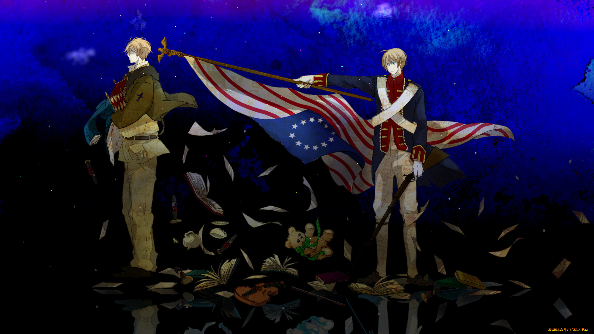 аниме, hetalia, , axis, powers, флаг, арт, парни, россия, сша