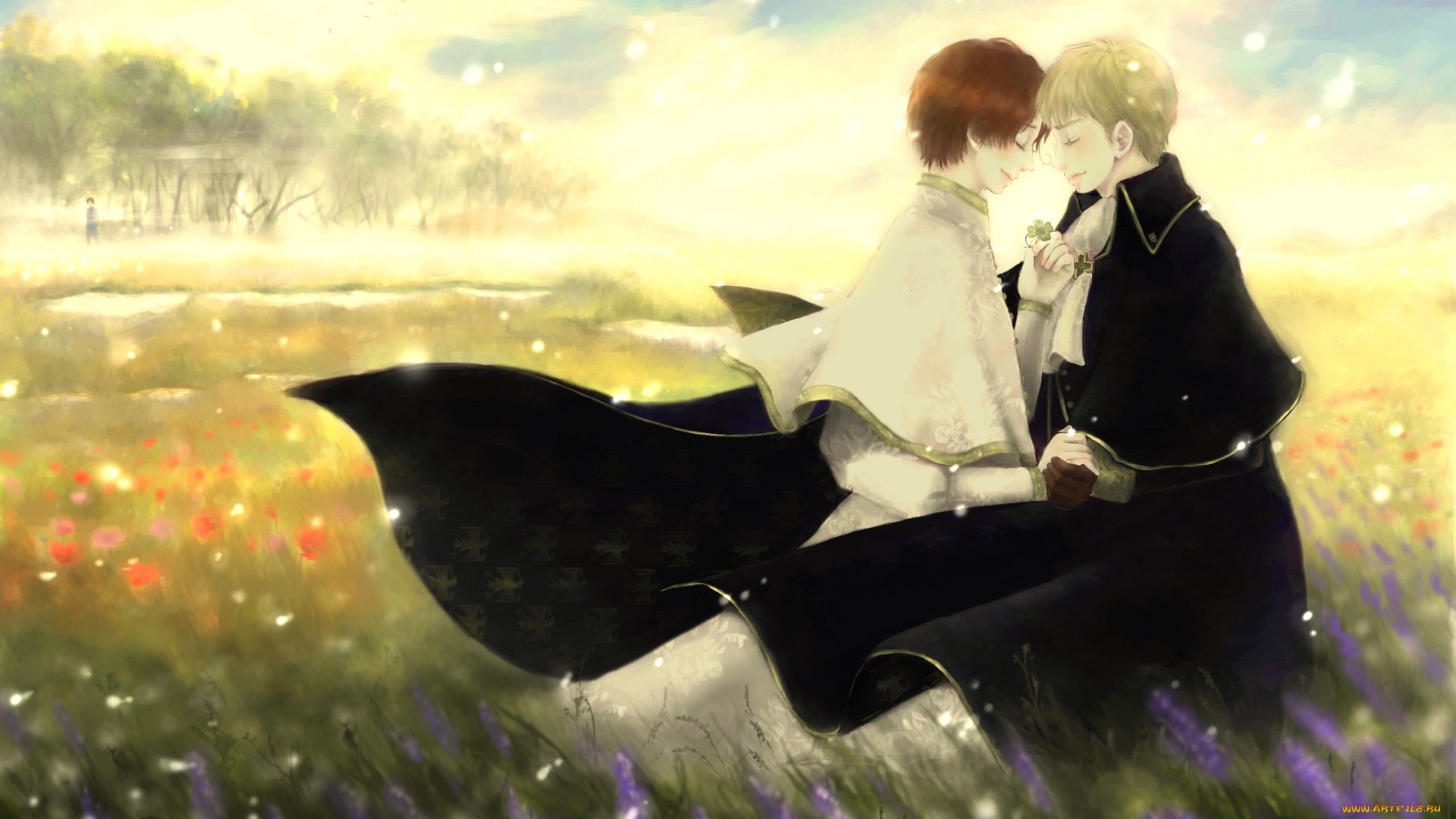 аниме, hetalia, , axis, powers, пара, поле, плащ, романтика