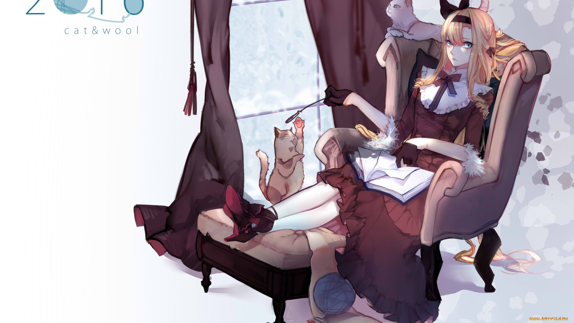 аниме, животные, , существа, арт, кошки, коты, кресло, клубок, девушка