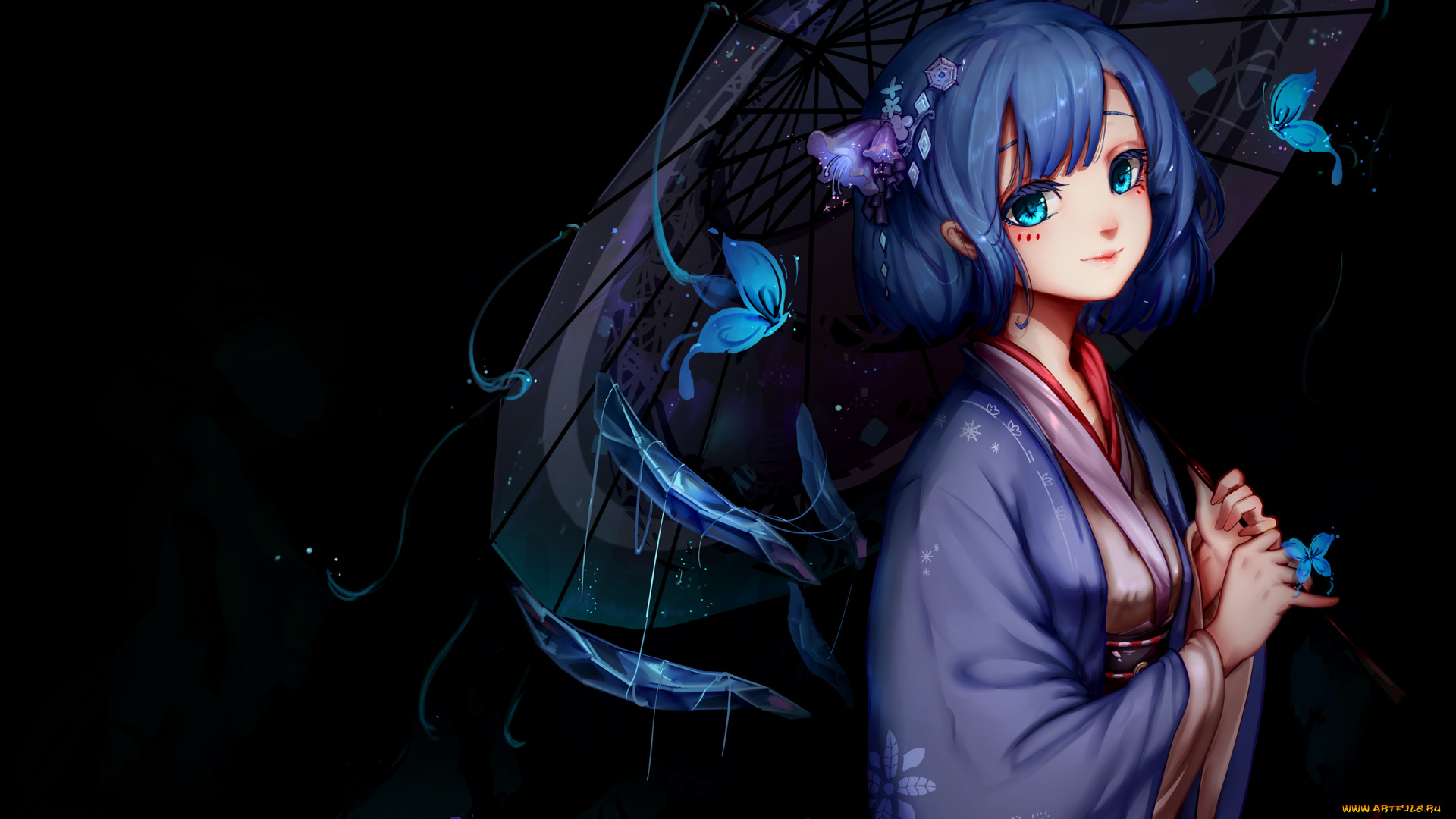 автор, , kiyomasa, ren, аниме, touhou, cirno, арт, девушка, бабочки, зонт