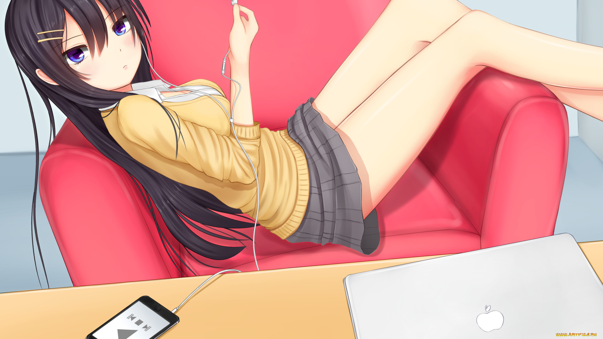 автор, , kurokami, , kurokaminohito, аниме, музыка, ноутбук, девушка, наушники, арт