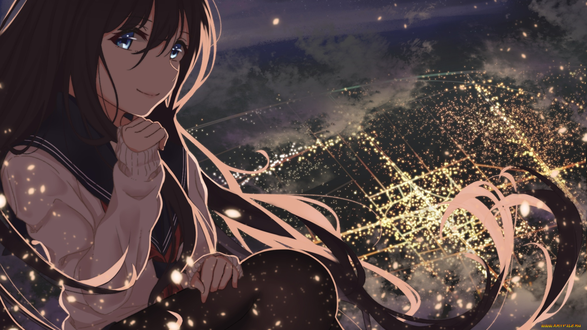 автор, , saitou, , lynx-shrike, аниме, unknown, , другое, огни, ночь, город, арт, девушка