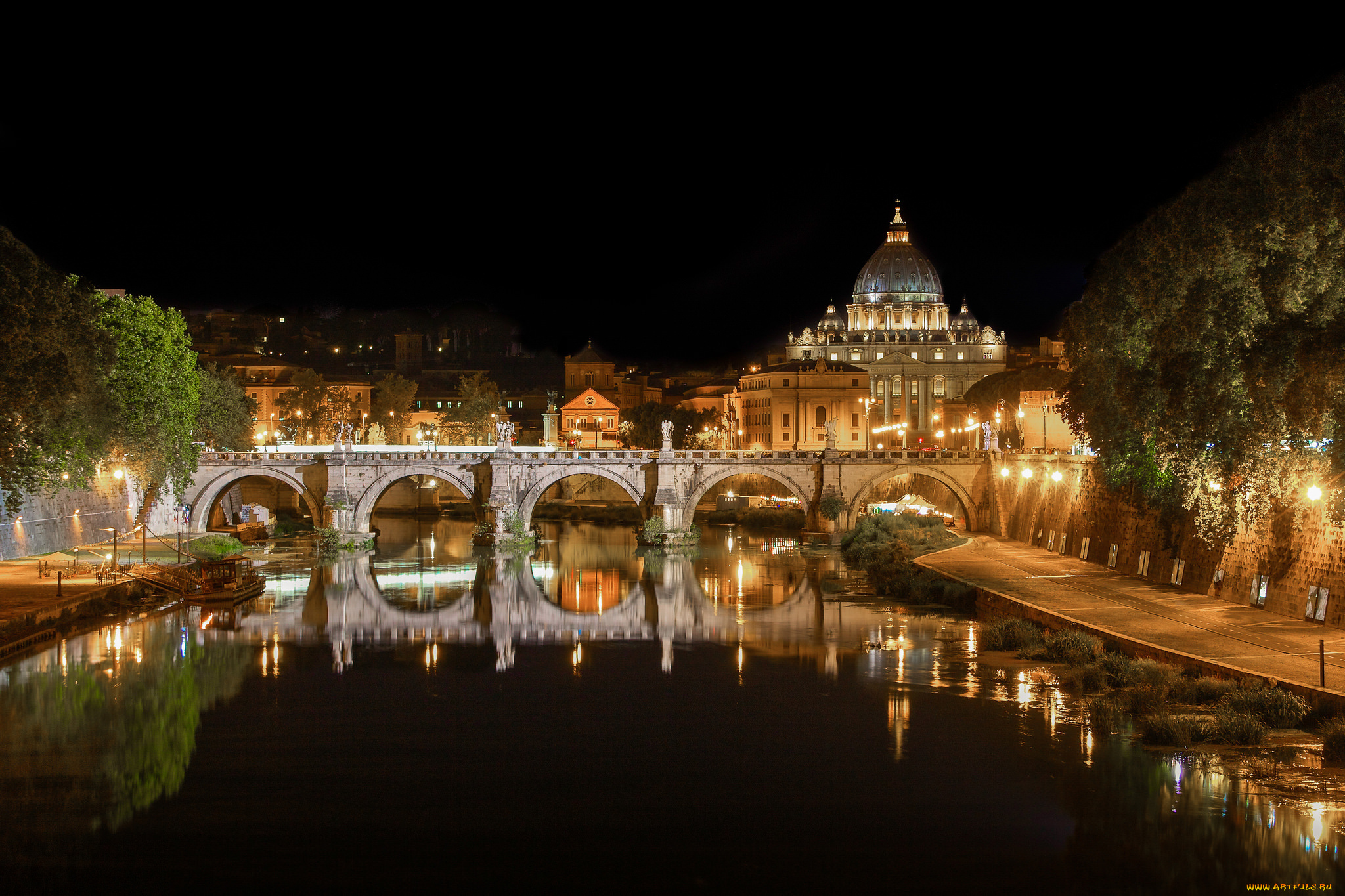 ponte, st, angelo, , rome, города, рим, , ватикан, , италия, ночь, мост, река