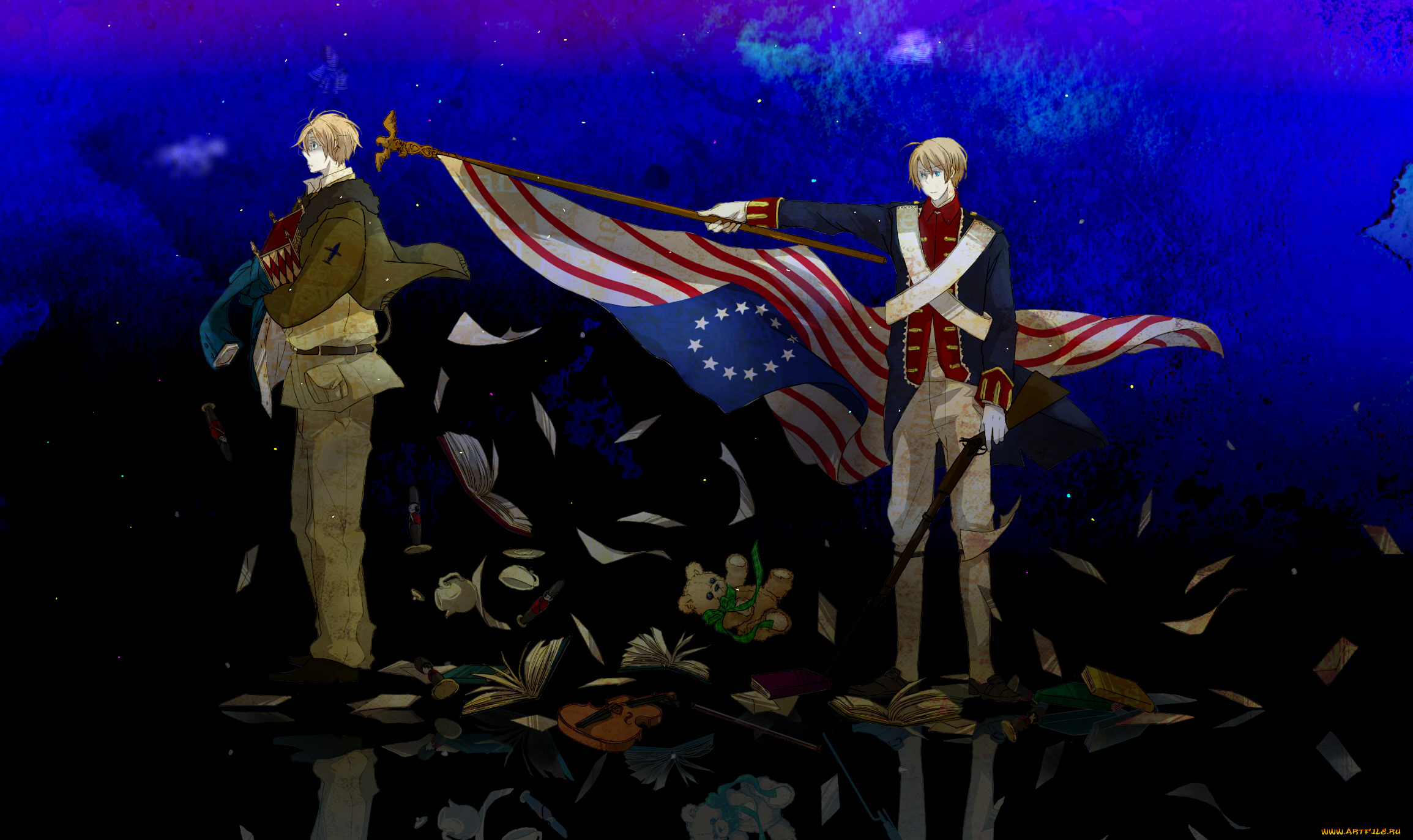 аниме, hetalia, , axis, powers, флаг, арт, парни, россия, сша