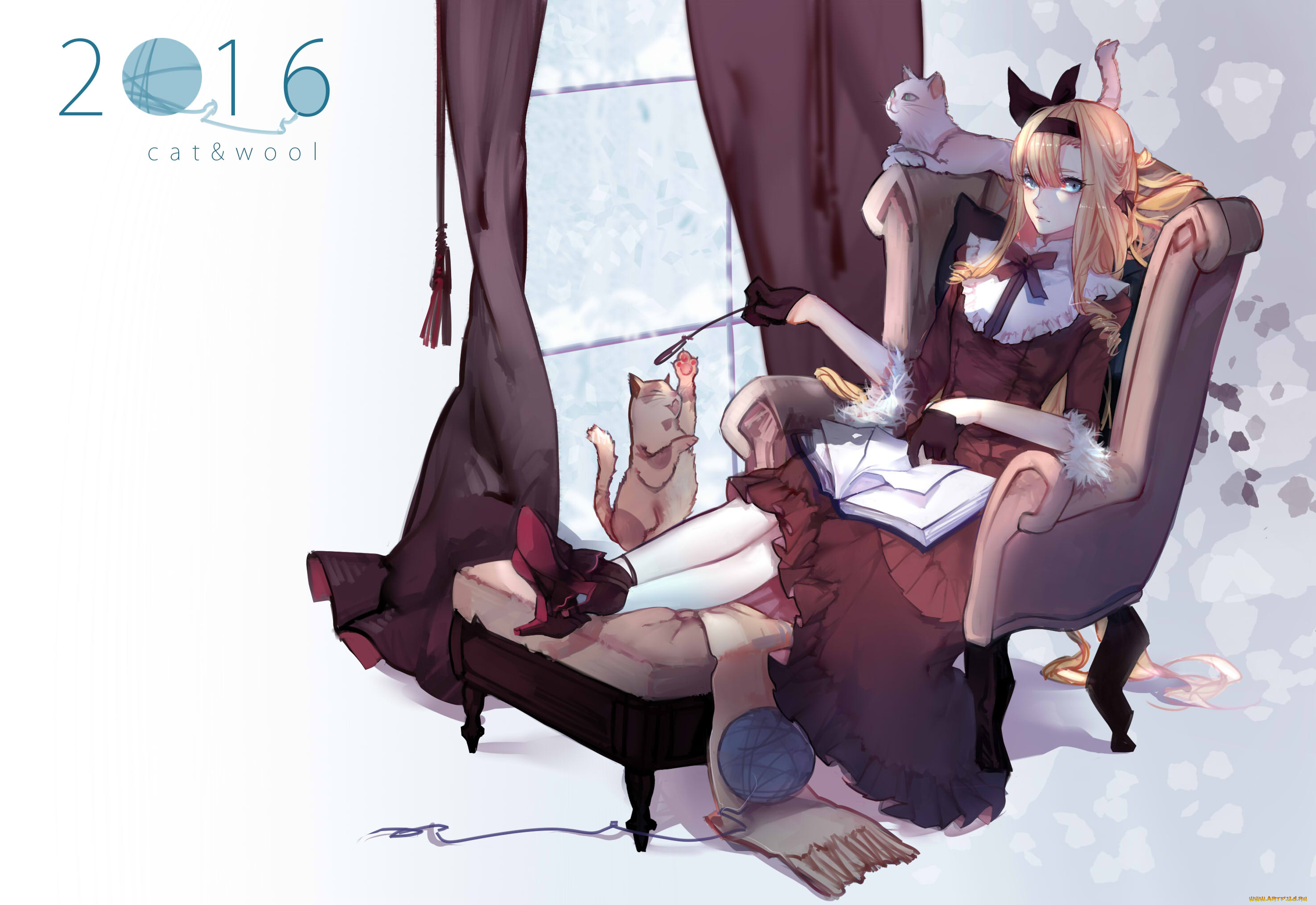аниме, животные, , существа, арт, кошки, коты, кресло, клубок, девушка