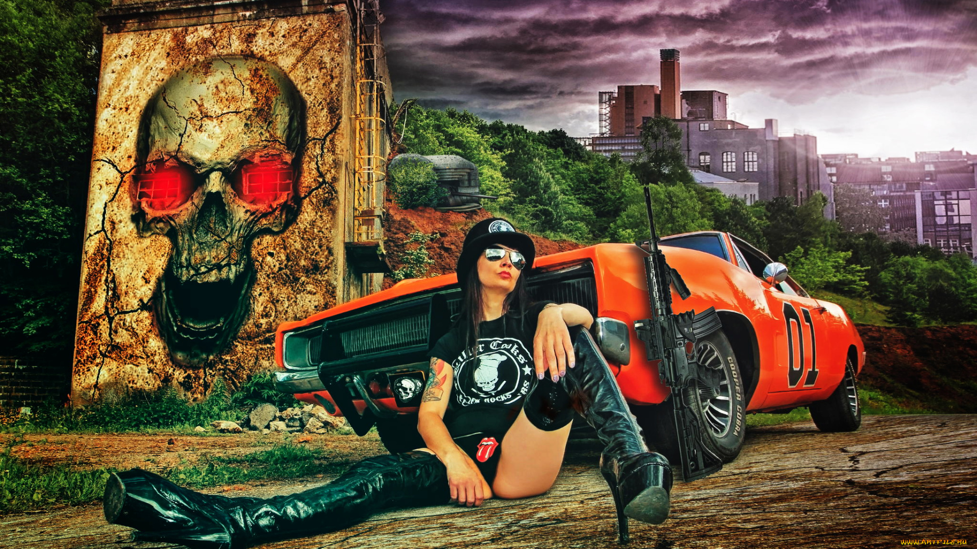 автомобили, -авто, с, девушками, автомат, череп, граффити