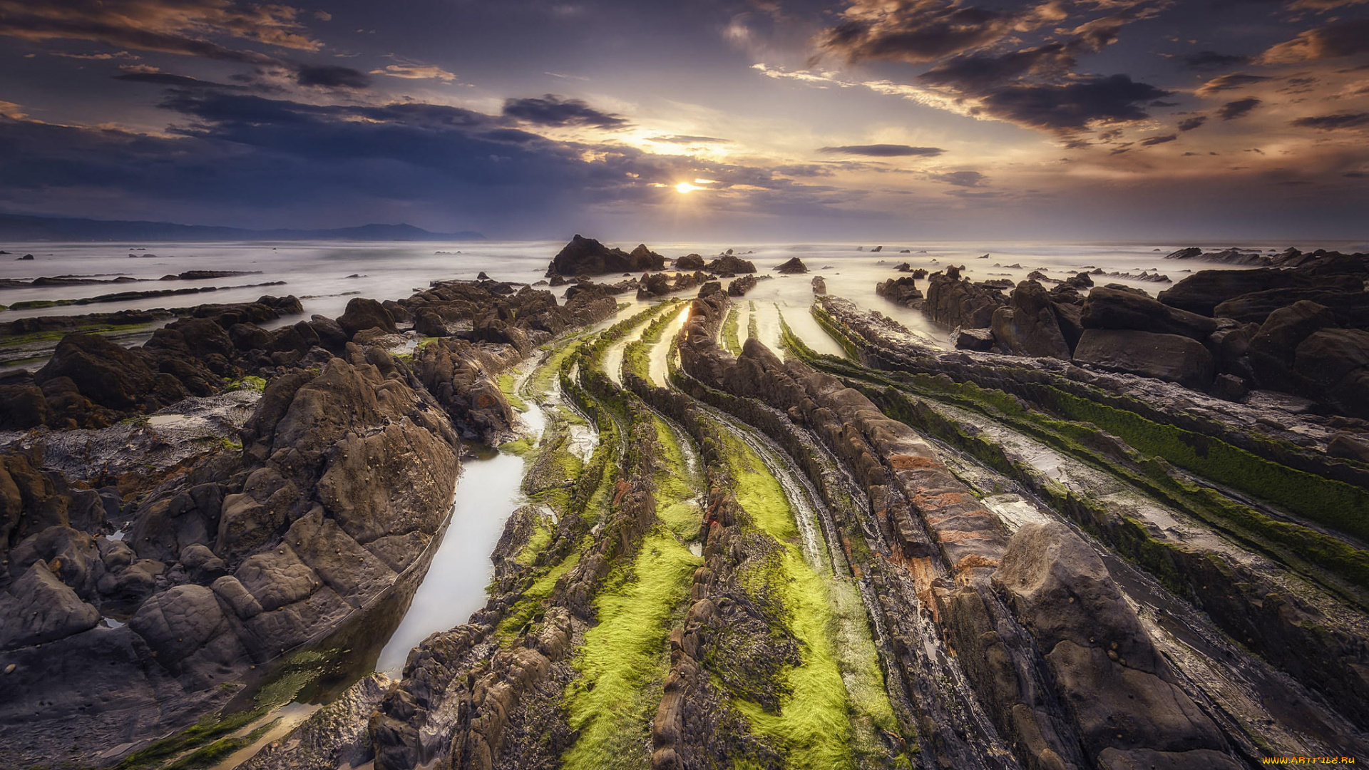 природа, побережье, закат, испания, бискайя, страна, басков