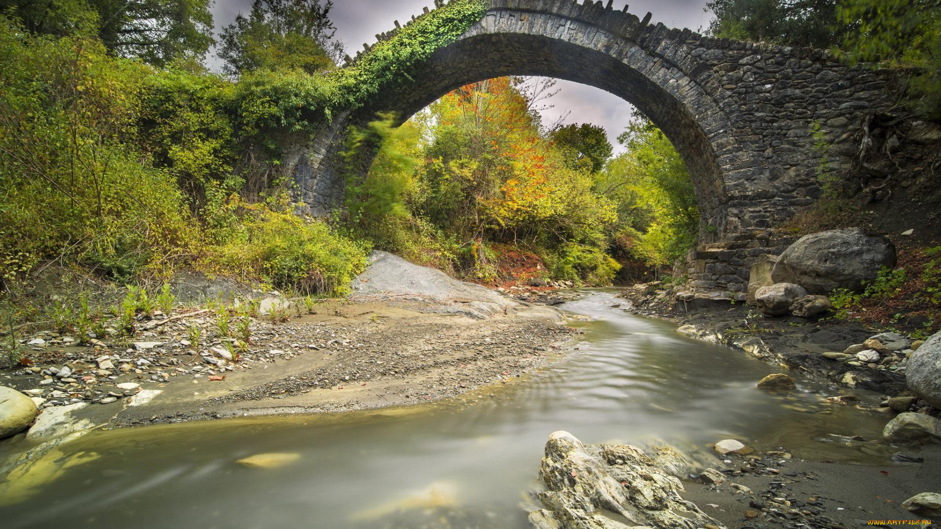 природа, реки, озера, мост, осень, река, деревья, арка