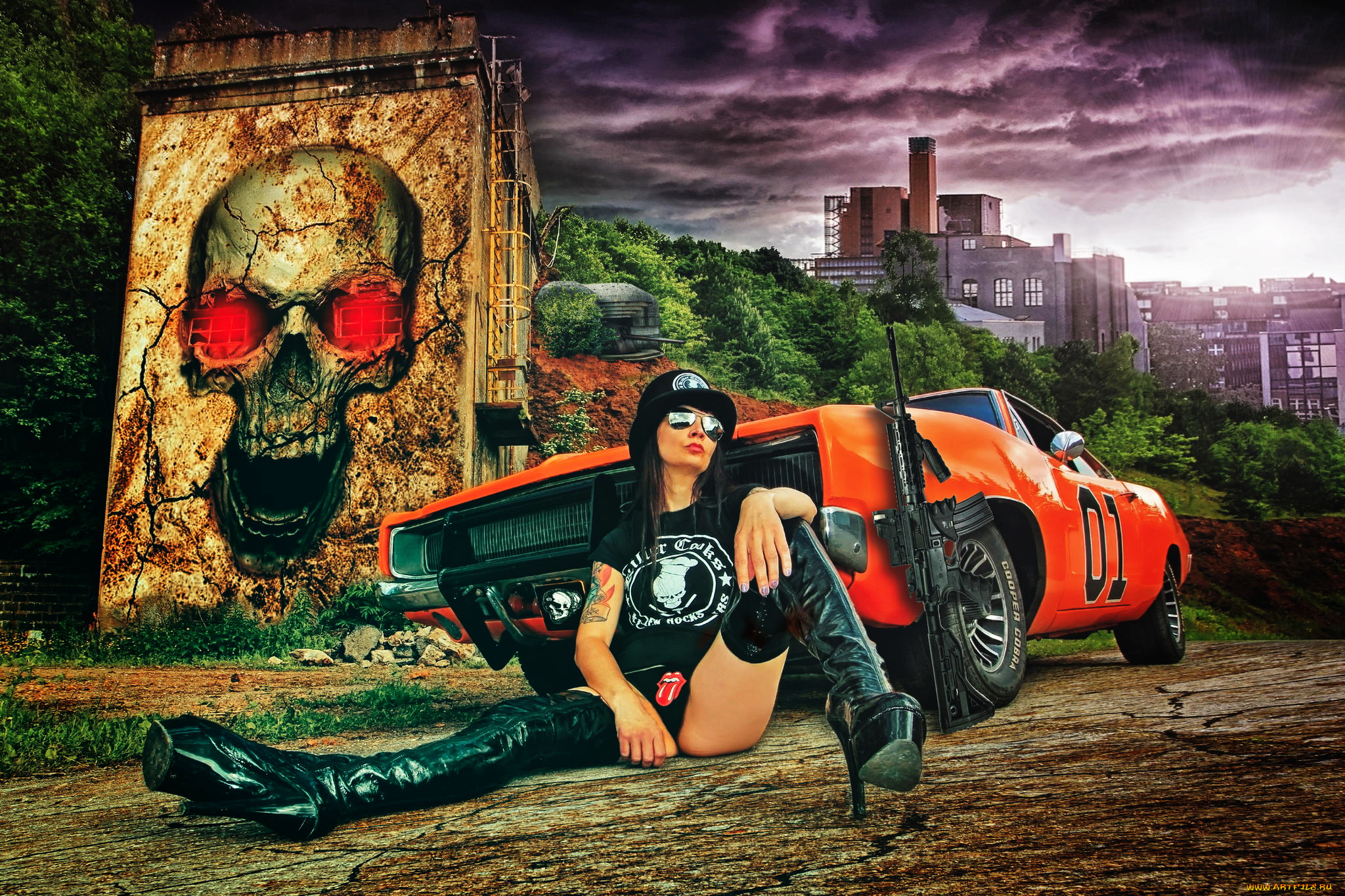 автомобили, -авто, с, девушками, автомат, череп, граффити