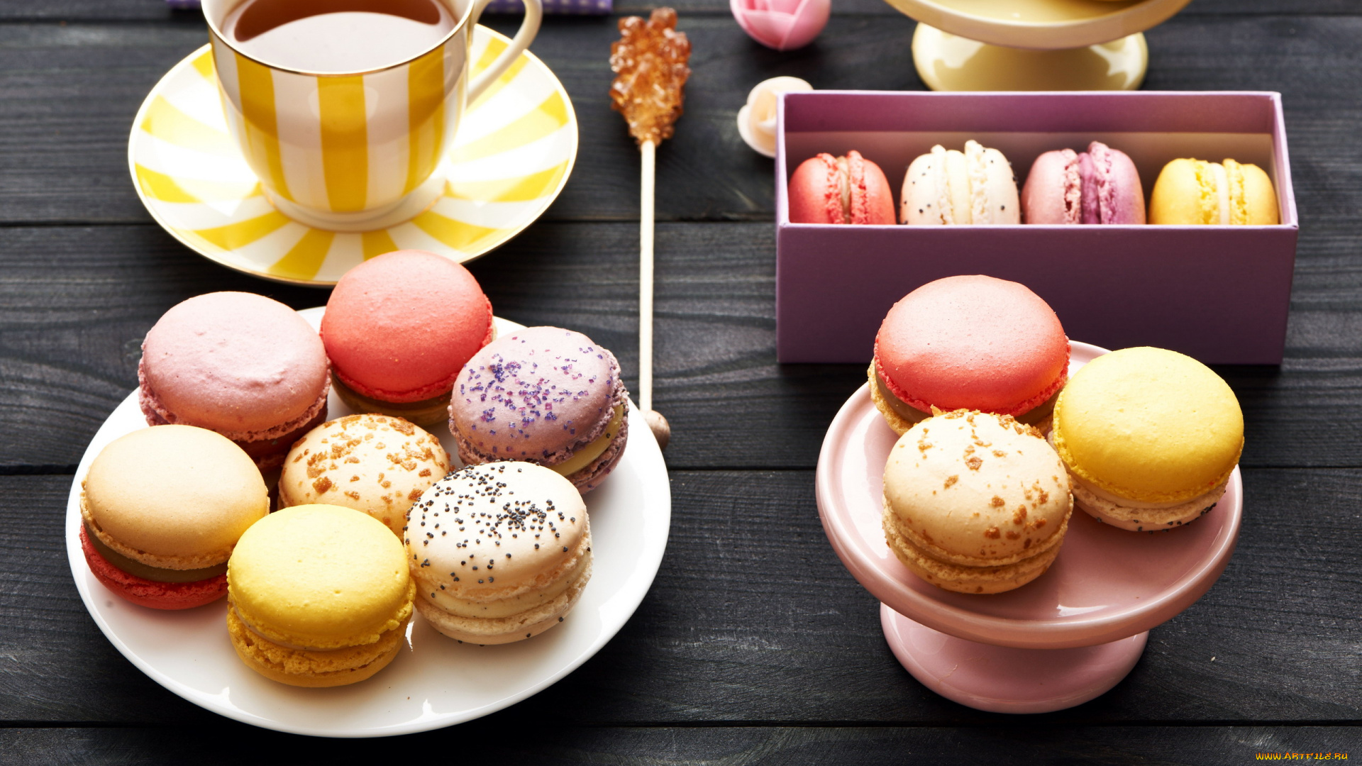еда, макаруны, ассорти, печенье, лакомство, чай