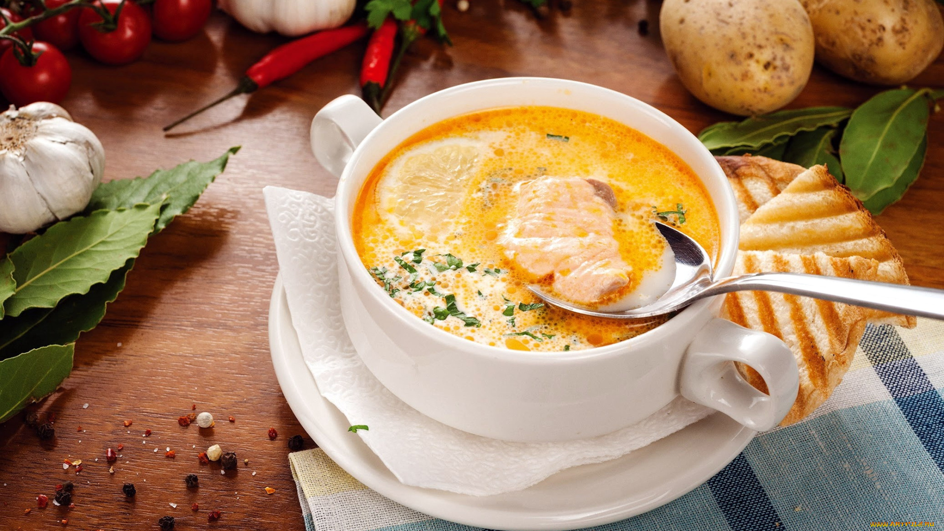 еда, первые, блюда, суп, помидоры, картофель, чеснок, рыбный