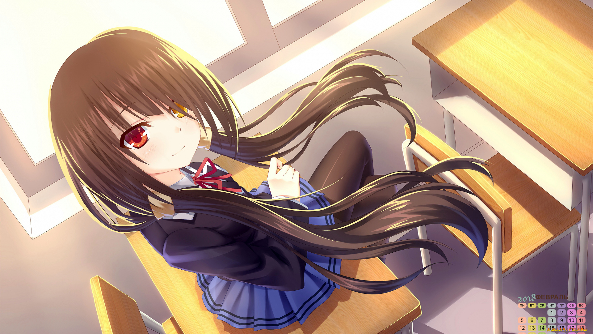 календари, аниме, 2018, парта, взгляд, лицо, девушка