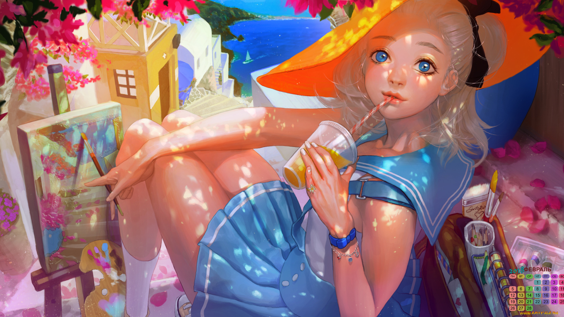 календари, аниме, девушка, 2018, взгляд, шляпа, стакан, краски, эскиз