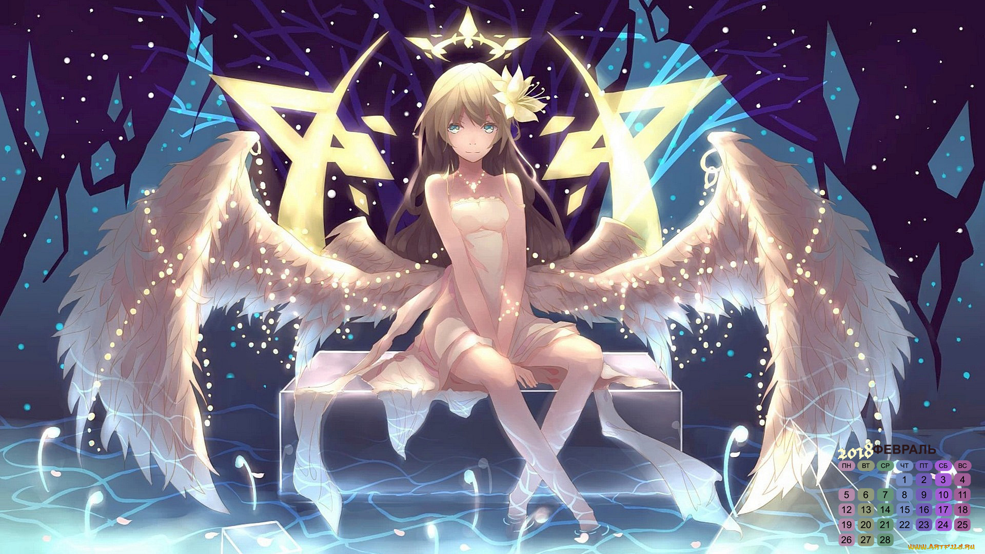 календари, аниме, крылья, взгляд, девушка, 2018, цветок