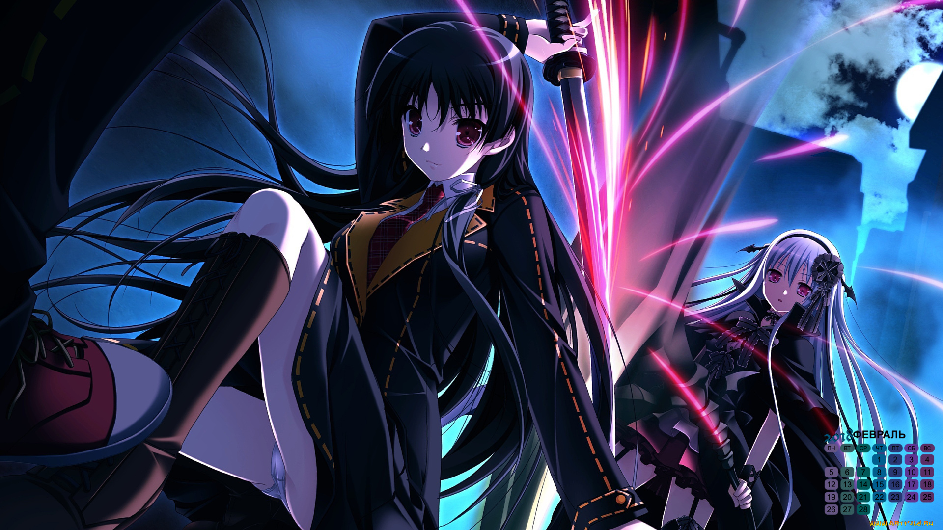 календари, аниме, взгляд, катана, 2018, девушка, двое