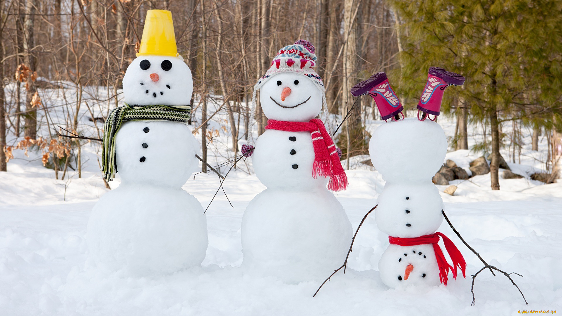 праздничные, снеговики, праздник, зима, снег, лес