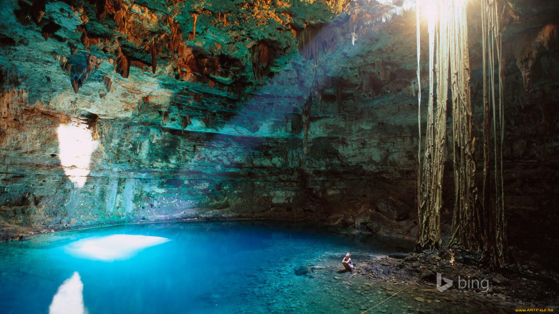 природа, реки, озера, лучи, корни, скала, озеро, пещера